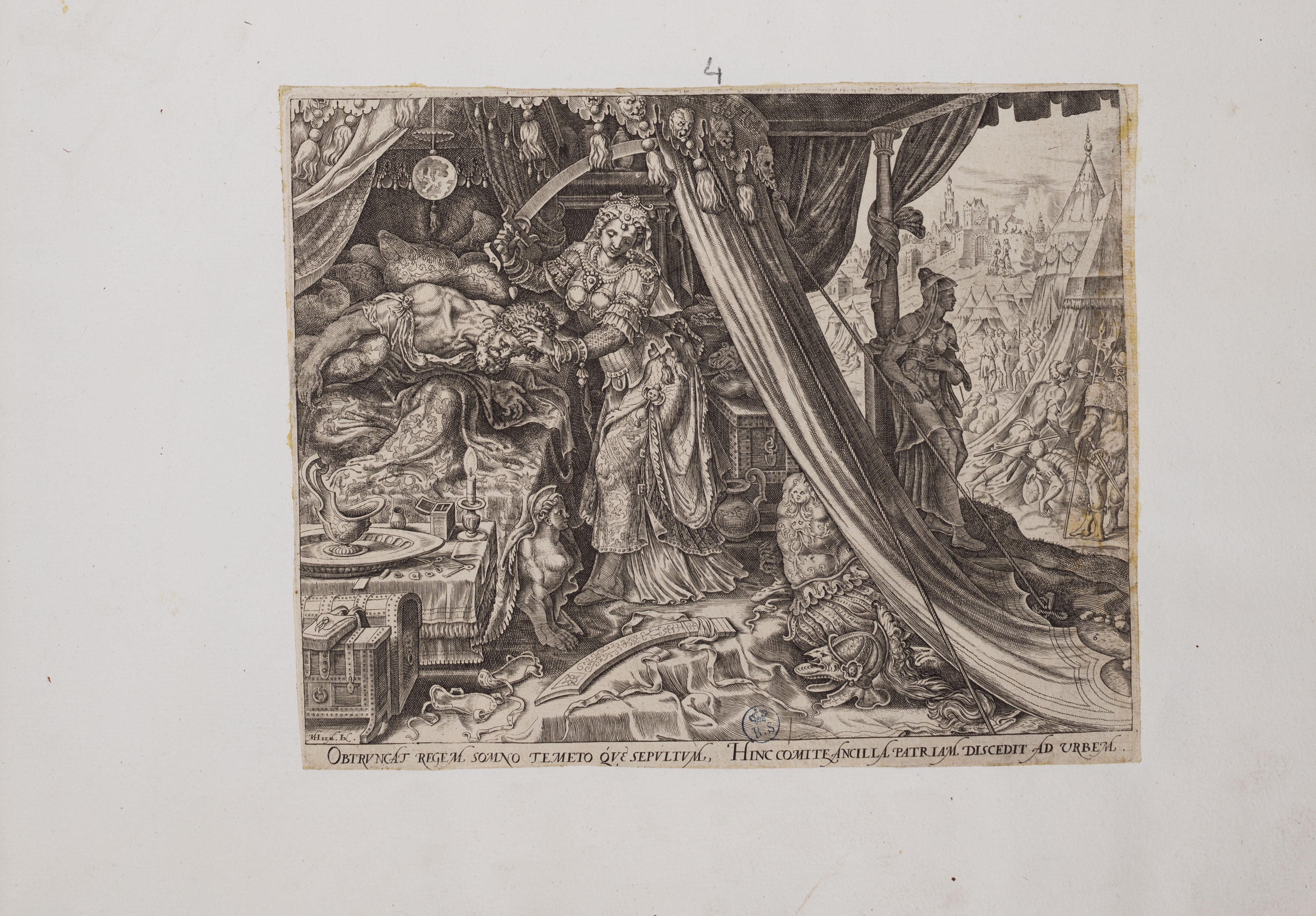 Giuditta decapita Oloferne (stampa controfondata smarginata, serie) di Heemskerck Marten van, Galle Philips (attribuito) (seconda metà XVI)