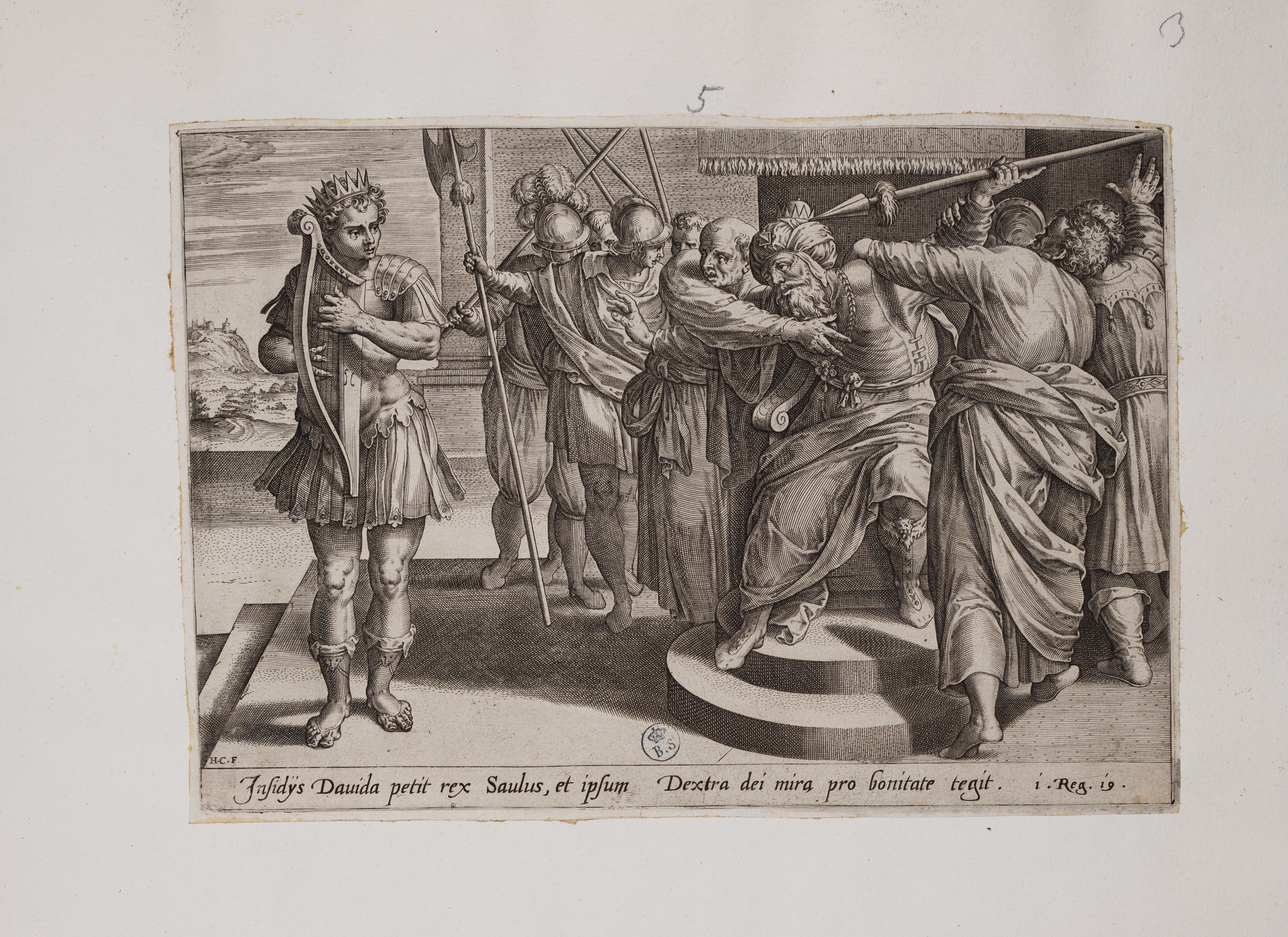 Saul scaglia una lancia su David (stampa controfondata smarginata, serie) di Francken Ambrosius I detto il Vecchio (attribuito), Collaert Hans I (seconda metà XVI)
