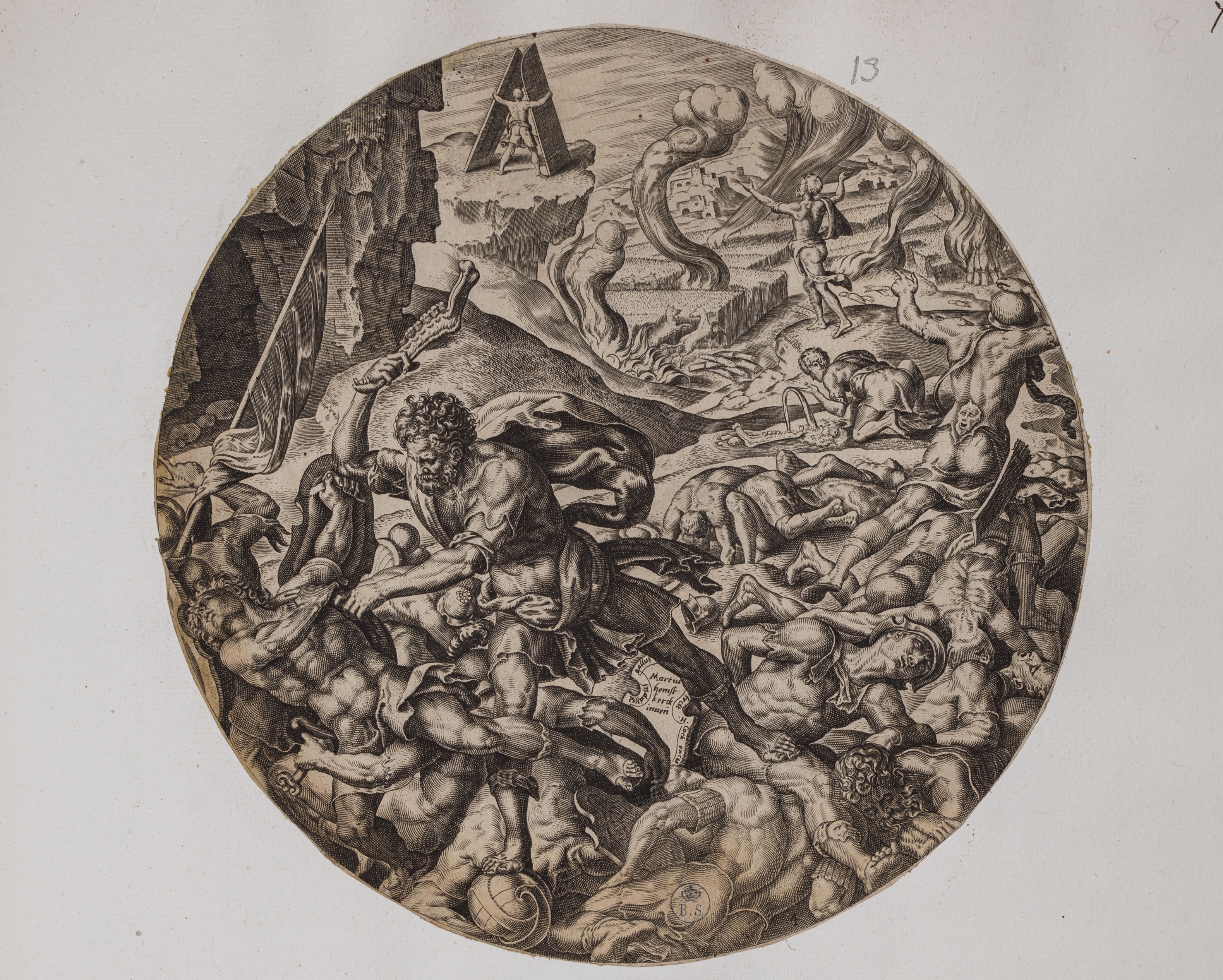 Sansone lotta con i filistei (stampa controfondata smarginata, serie) di Heemskerck Marten van, Galle Philips (seconda metà XVI)