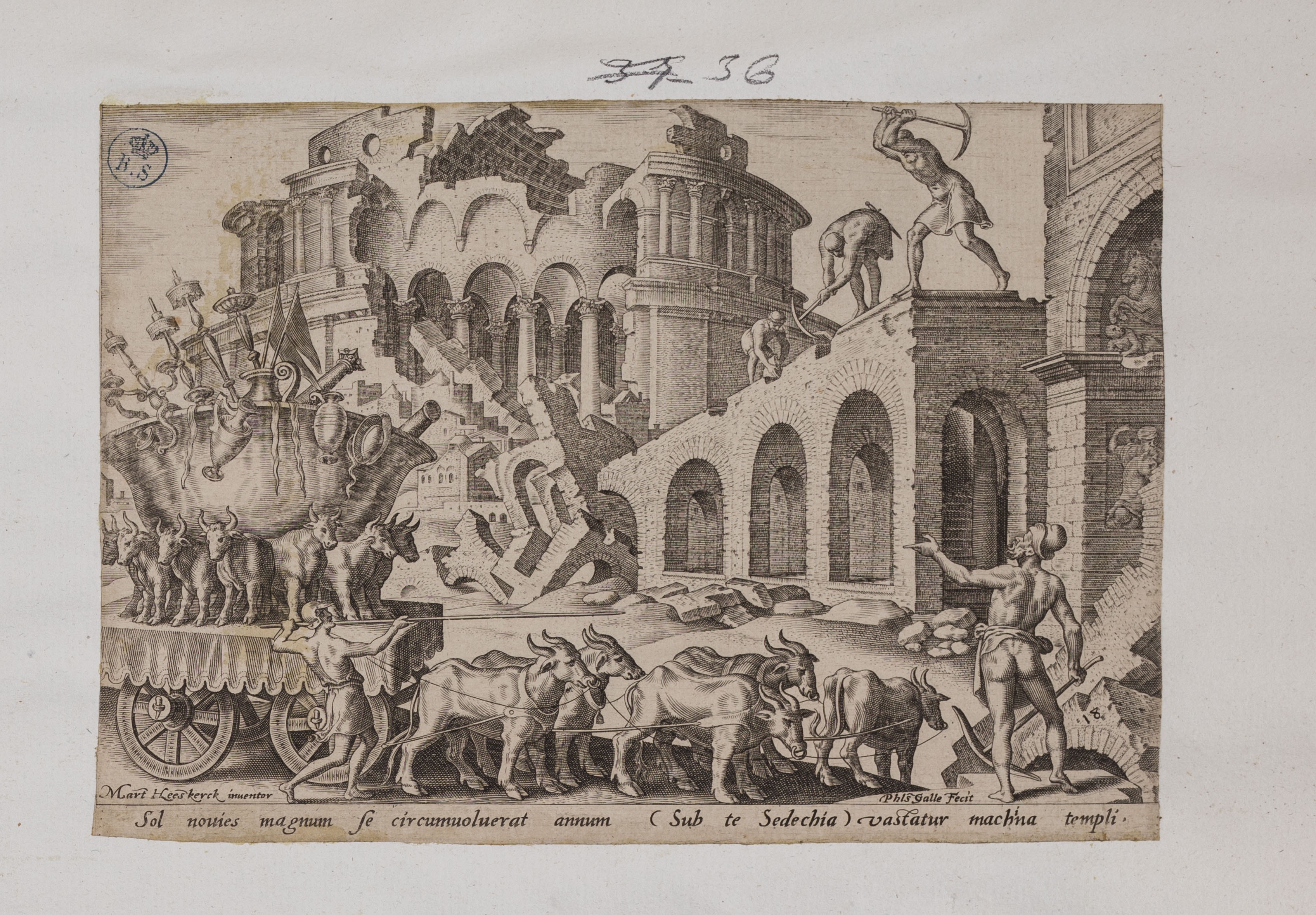 I caldei portano via i tesori del tempio (stampa controfondata smarginata, serie) di Heemskerck Marten van, Galle Philips (seconda metà XVI)