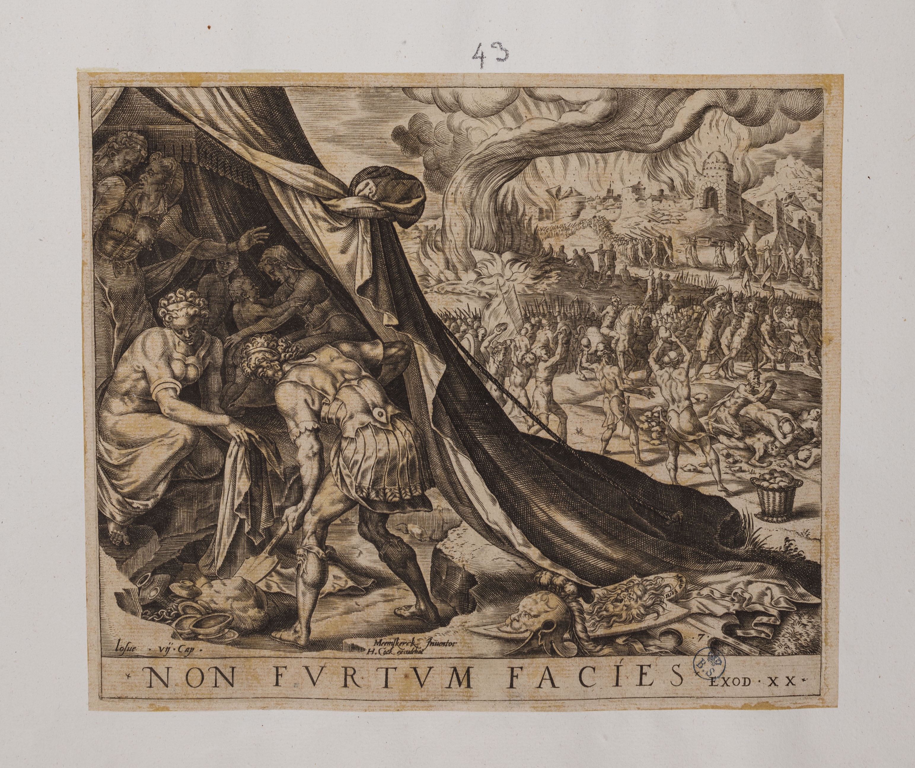 Acan seppellisce il bottino nella sua tenda (stampa controfondata smarginata, serie) di Heemskerck Marten van, Muller Harmen (seconda metà XVI)