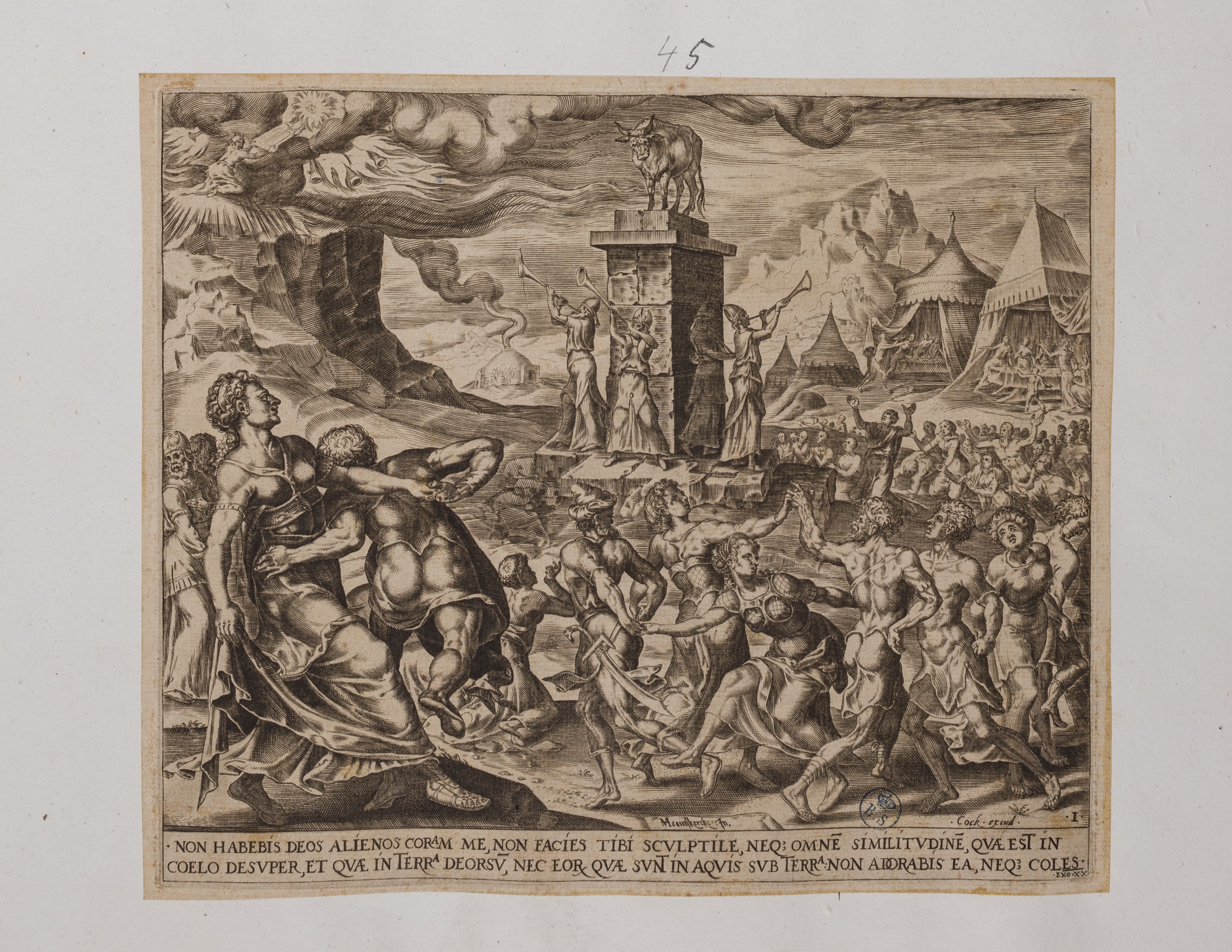 Israeliti danzano attorno al vitello d'oro (stampa controfondata smarginata, serie) di Heemskerck Marten van, Muller Harmen (attribuito) (seconda metà XVI)