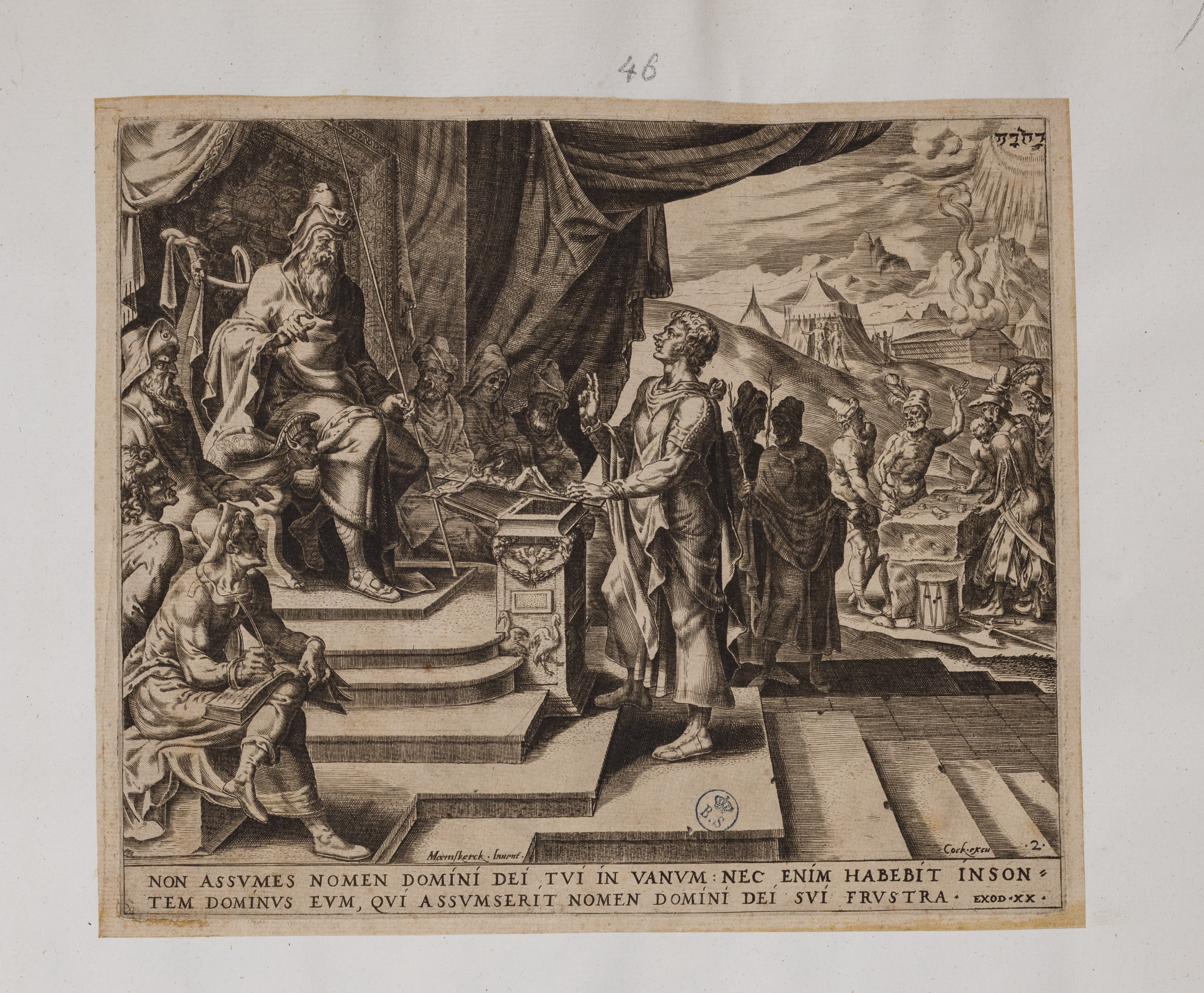 Un uomo giura su Dio davanti al giudice (stampa controfondata smarginata, serie) di Heemskerck Marten van, Muller Harmen (attribuito) (seconda metà XVI)