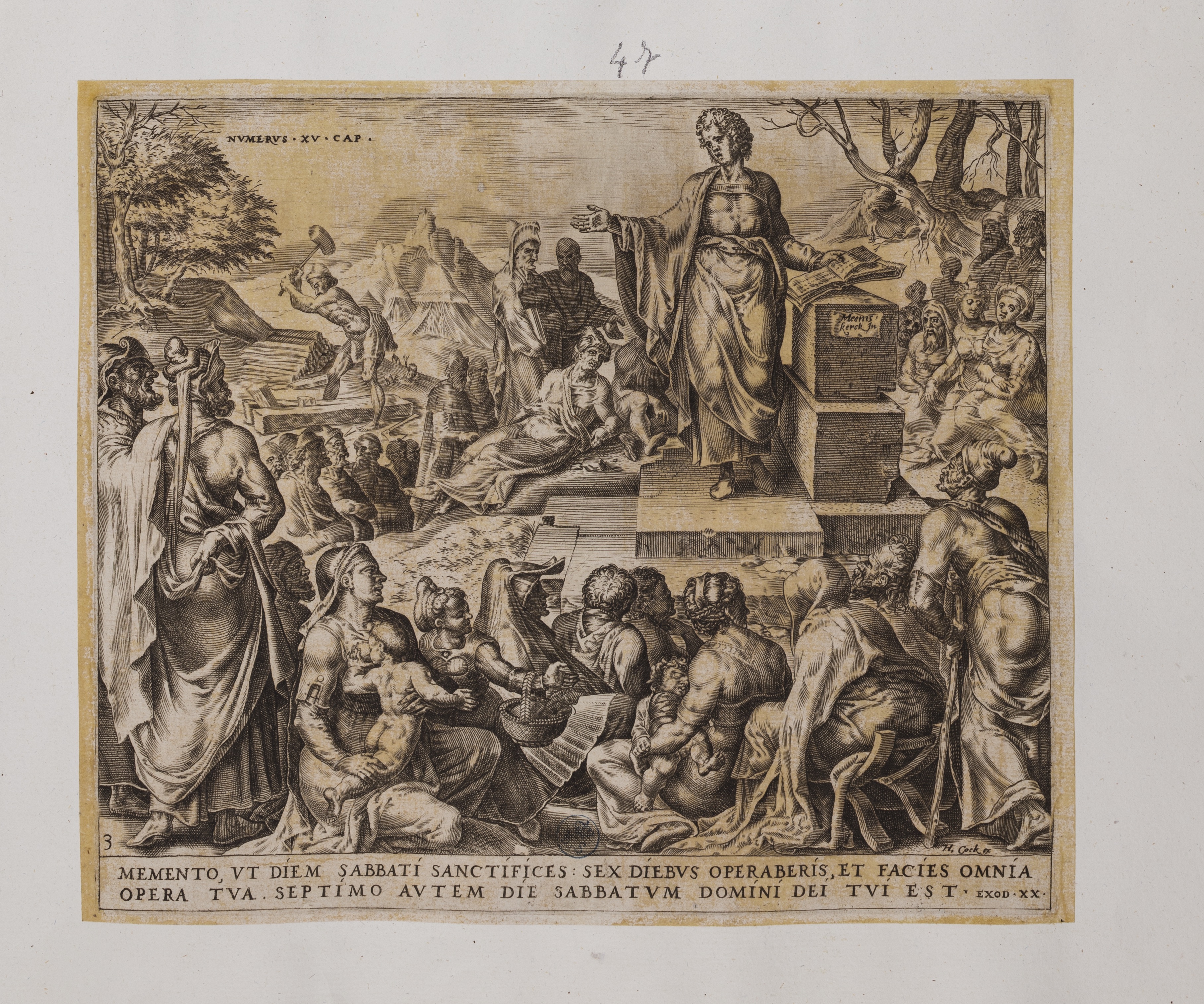 Un uomo raccoglie legna di Sabato (stampa controfondata smarginata, serie) di Heemskerck Marten van, Muller Harmen (attribuito) (seconda metà XVI)