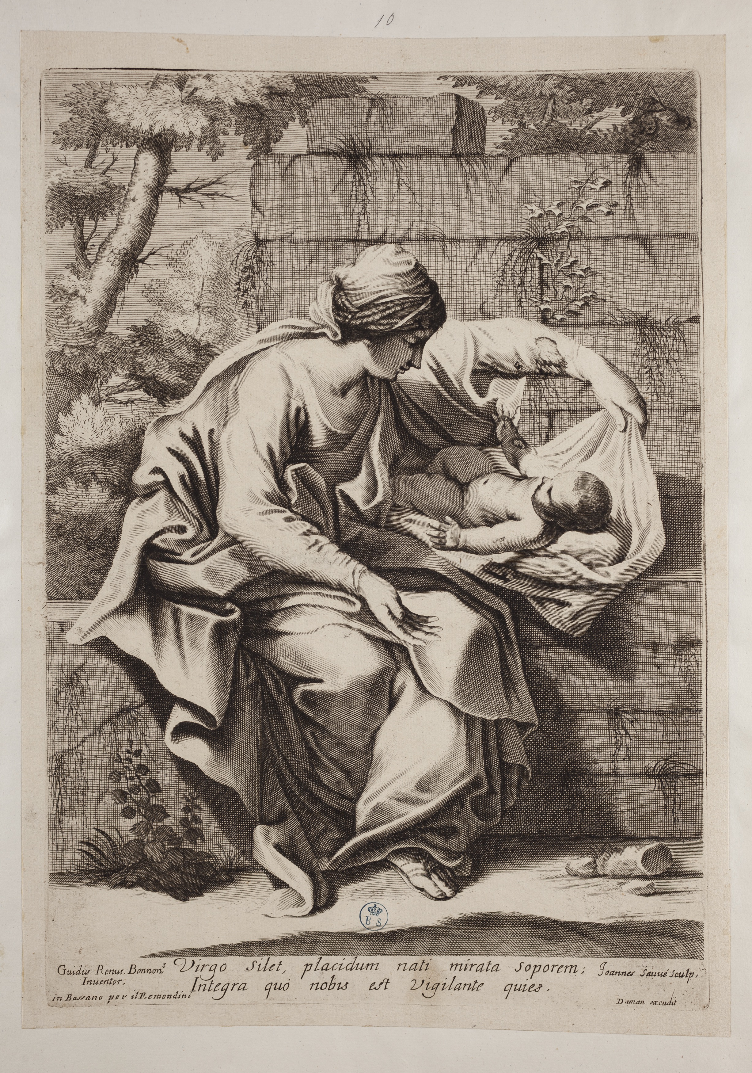 Madonna con bambino dormiente, Madonna con bambino dormiente (stampa controfondata tagliata) di Guido Reni, Sauvé Jean (metà/ metà XVII-XVIII)