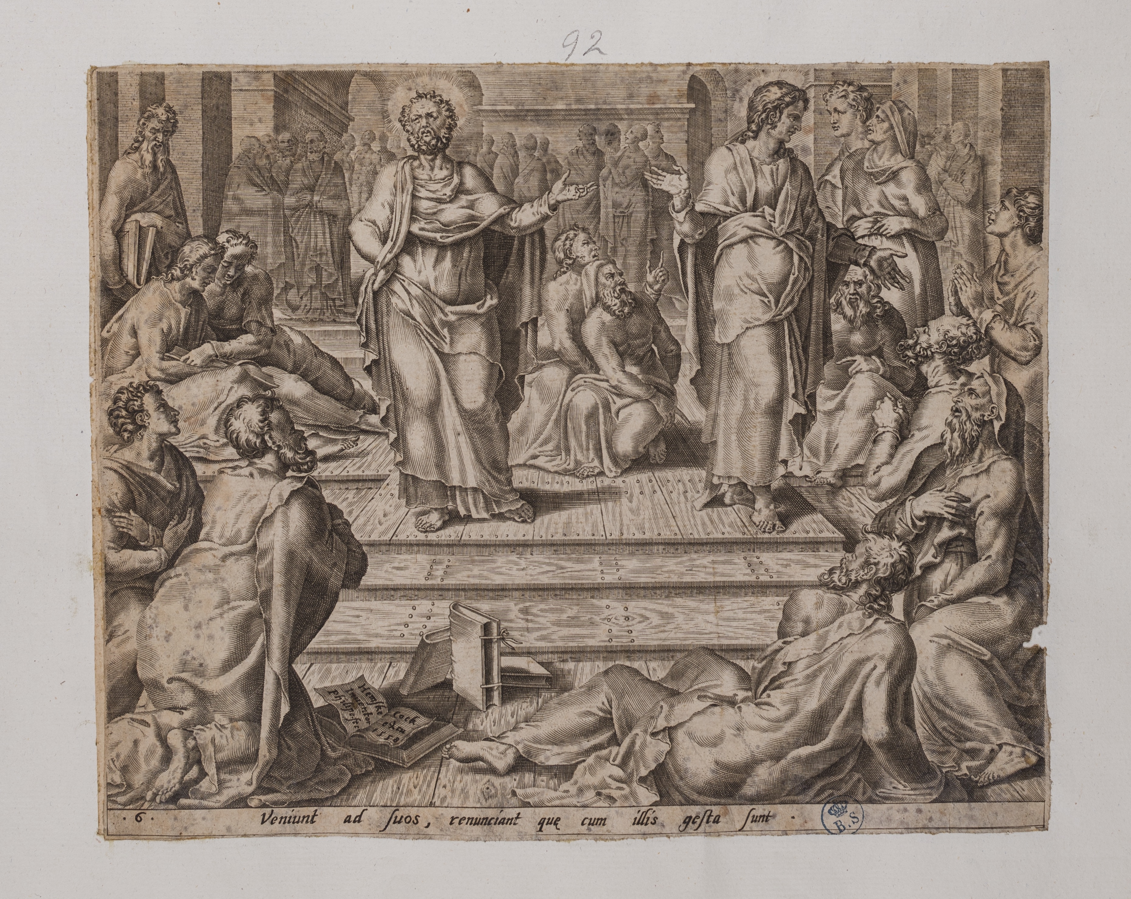 Pietro e Giovanni raccontano ai compagni l’accaduto (stampa controfondata smarginata, serie) di Heemskerck Marten van, Galle Philips (seconda metà XVI)