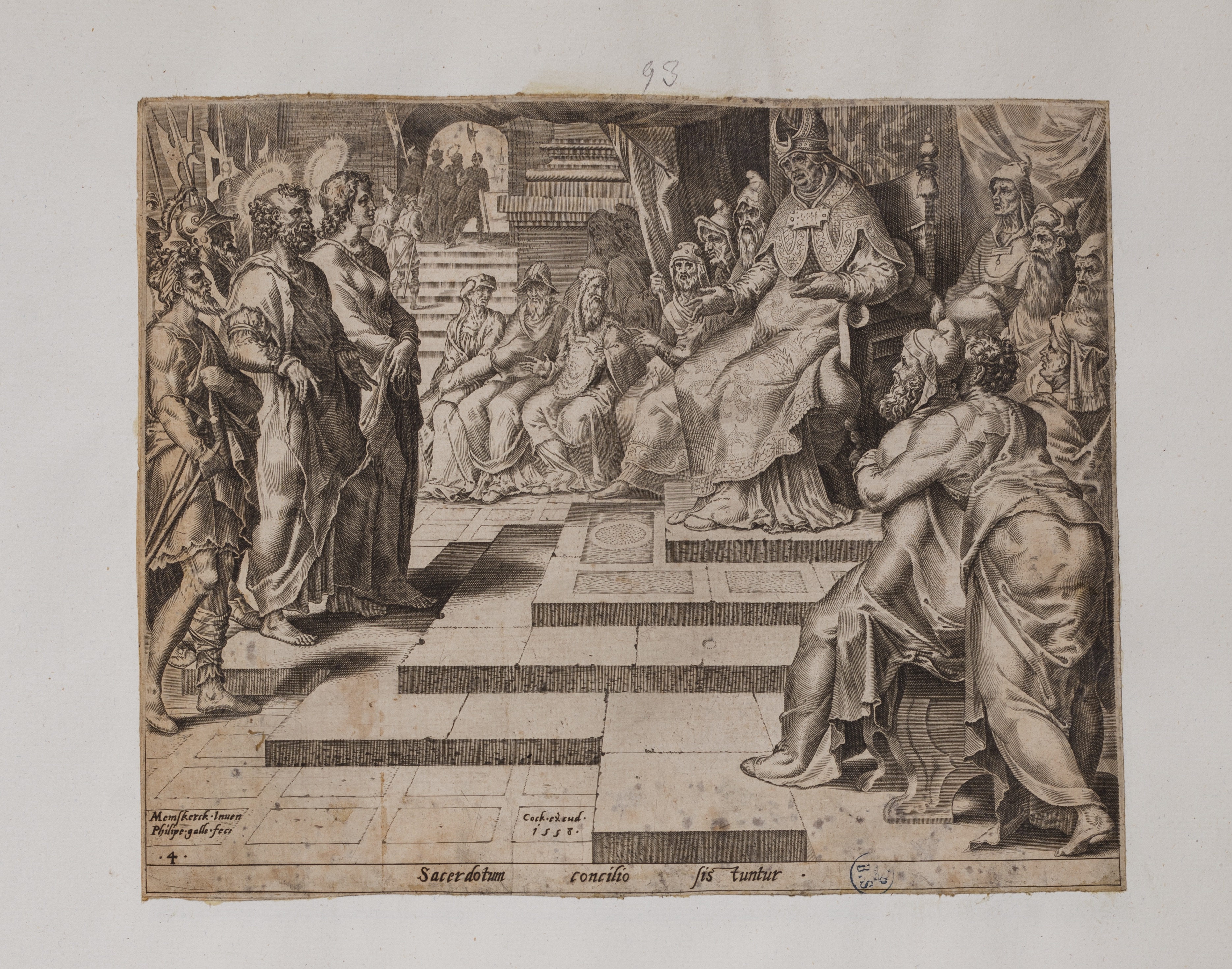 Pietro e Giovanni davanti al sinedrio (stampa controfondata smarginata, serie) di Heemskerck Marten van, Galle Philips (seconda metà XVI)