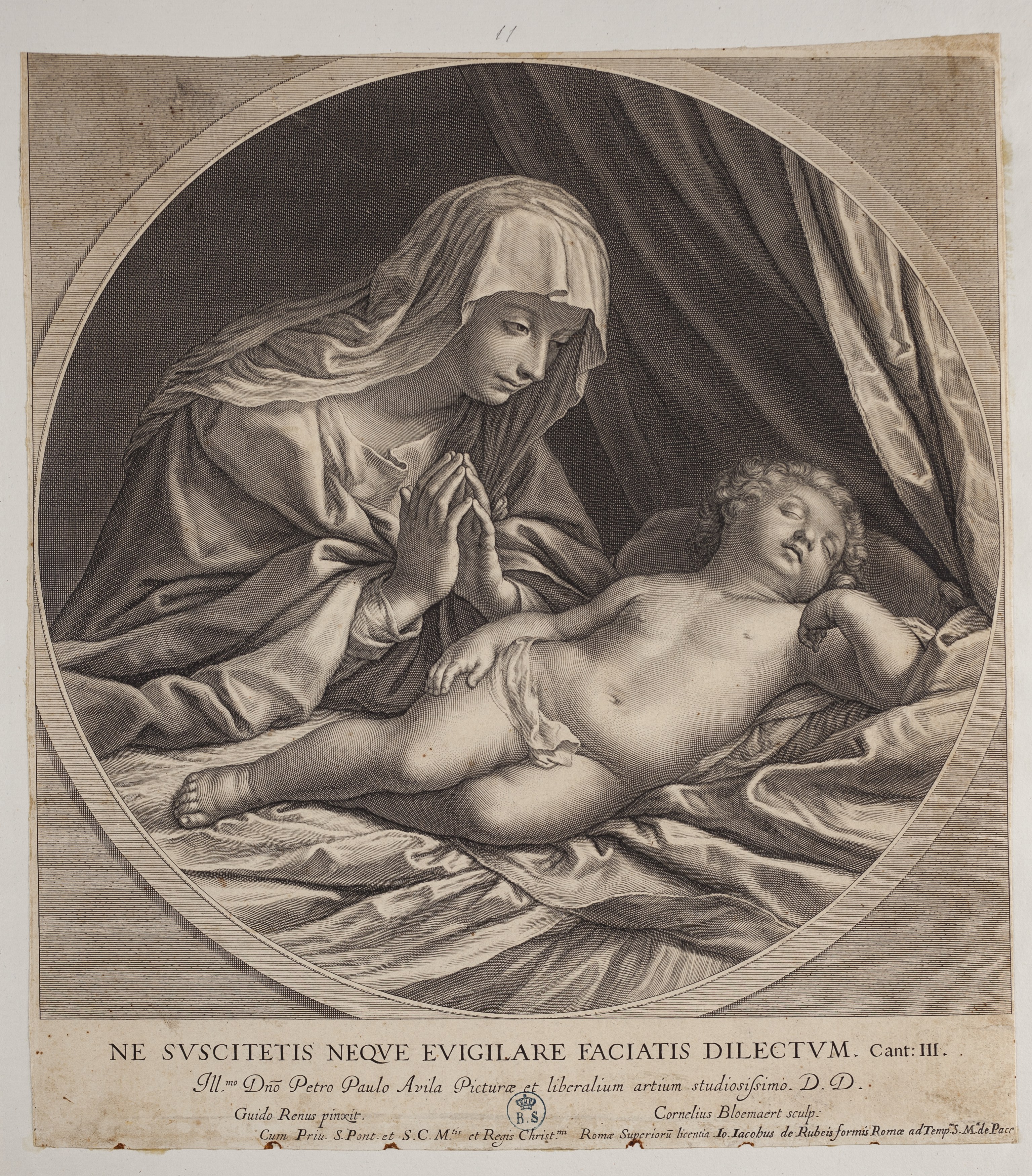 Madonna del silenzio, Madonna con bambino dormiente (stampa controfondata smarginata tagliata) di Guido Reni, Cornelis Bloemaert (XVII)