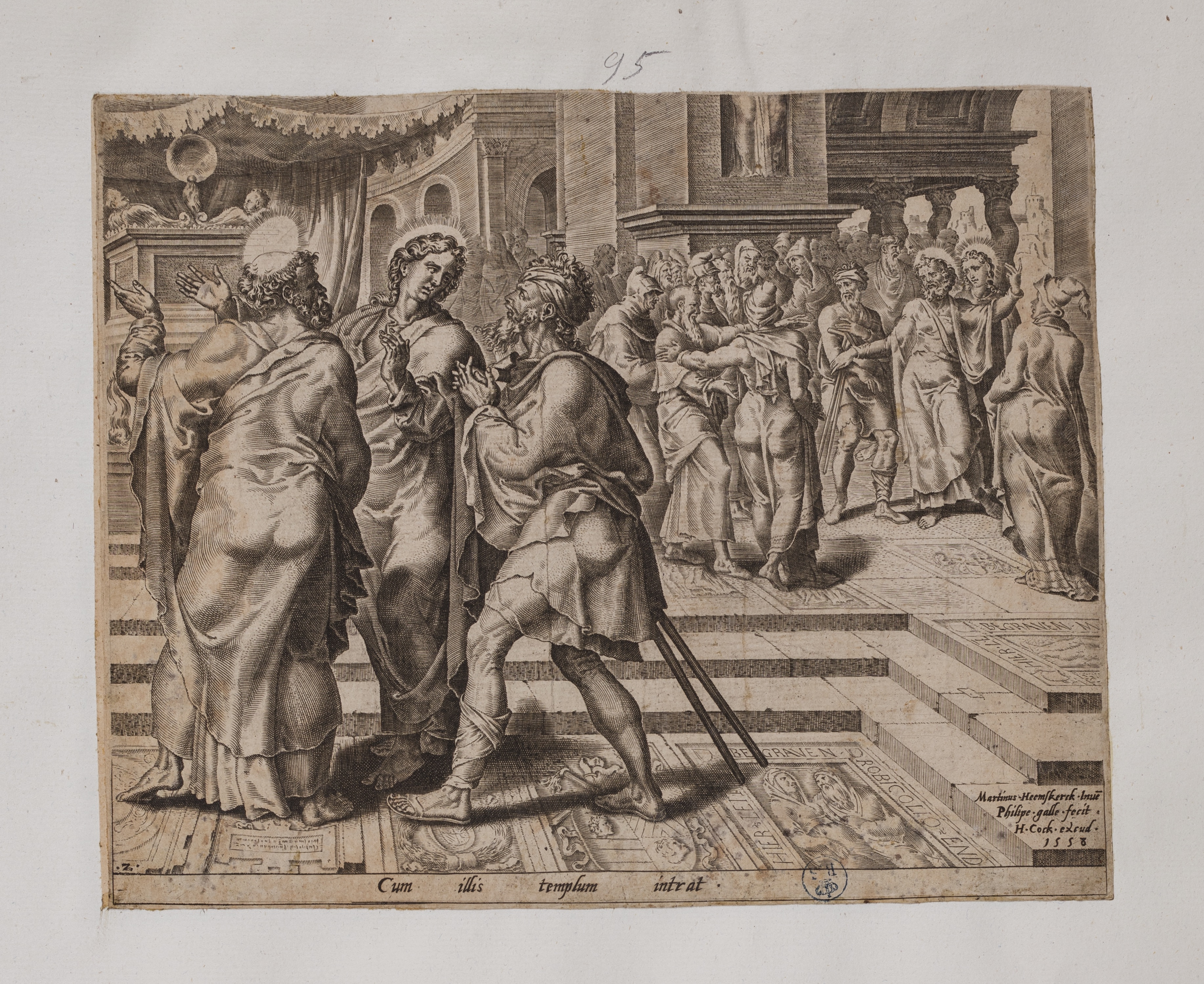 Lo storpio accompagna Pietro e Giovanni al tempio (stampa controfondata smarginata, serie) di Heemskerck Marten van, Galle Philips (seconda metà XVI)