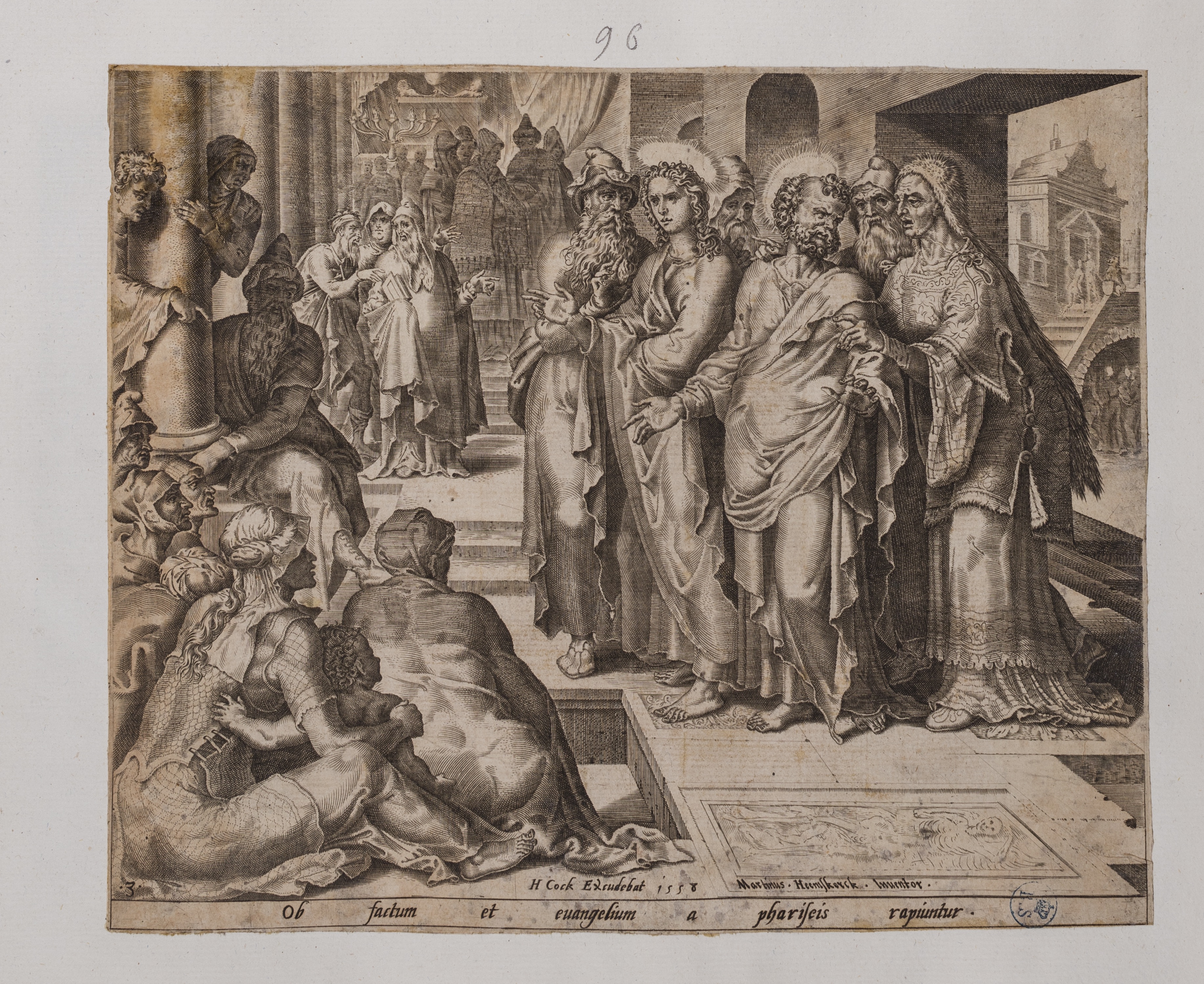 I sadducei catturano Pietro e Giovanni (stampa controfondata smarginata, serie) di Heemskerck Marten van, Galle Philips (attribuito) (seconda metà XVI)