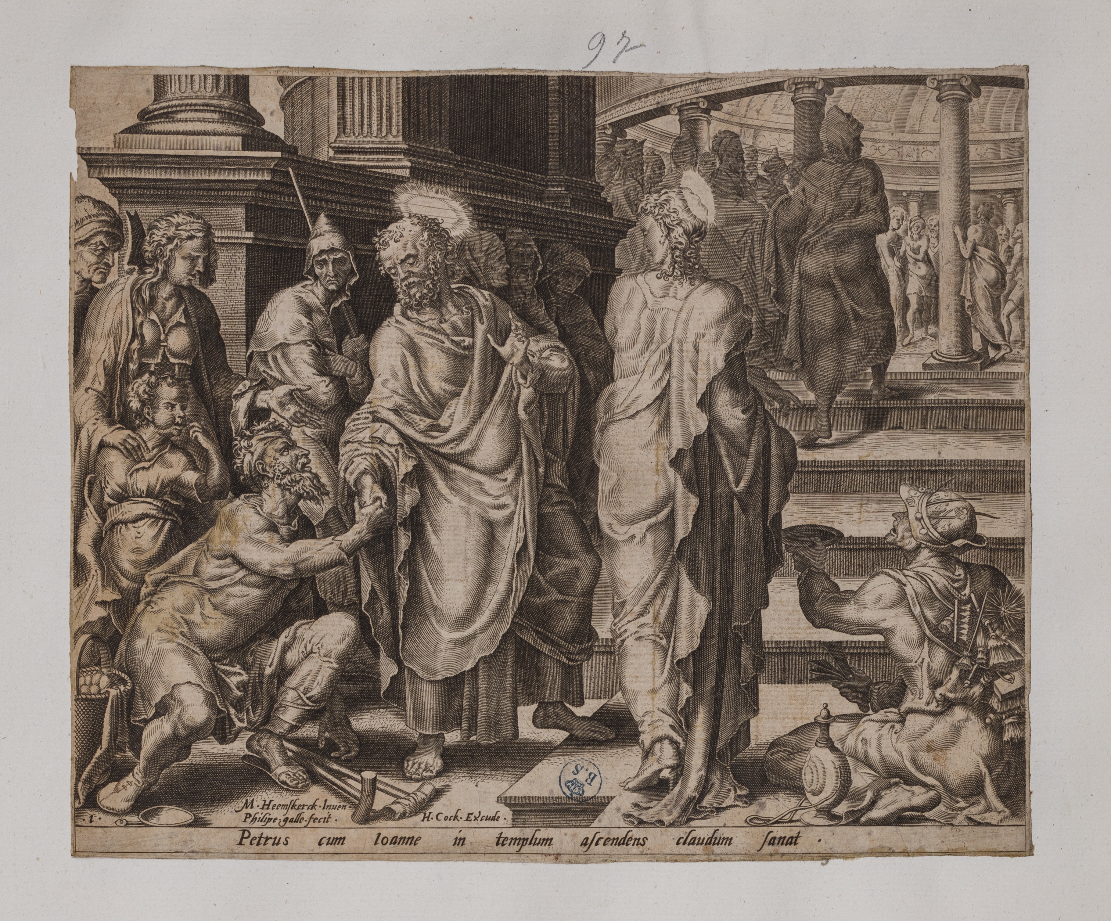 Pietro cura lo storpio alla porta Bella (stampa controfondata smarginata, serie) di Heemskerck Marten van, Galle Philips (seconda metà XVI)