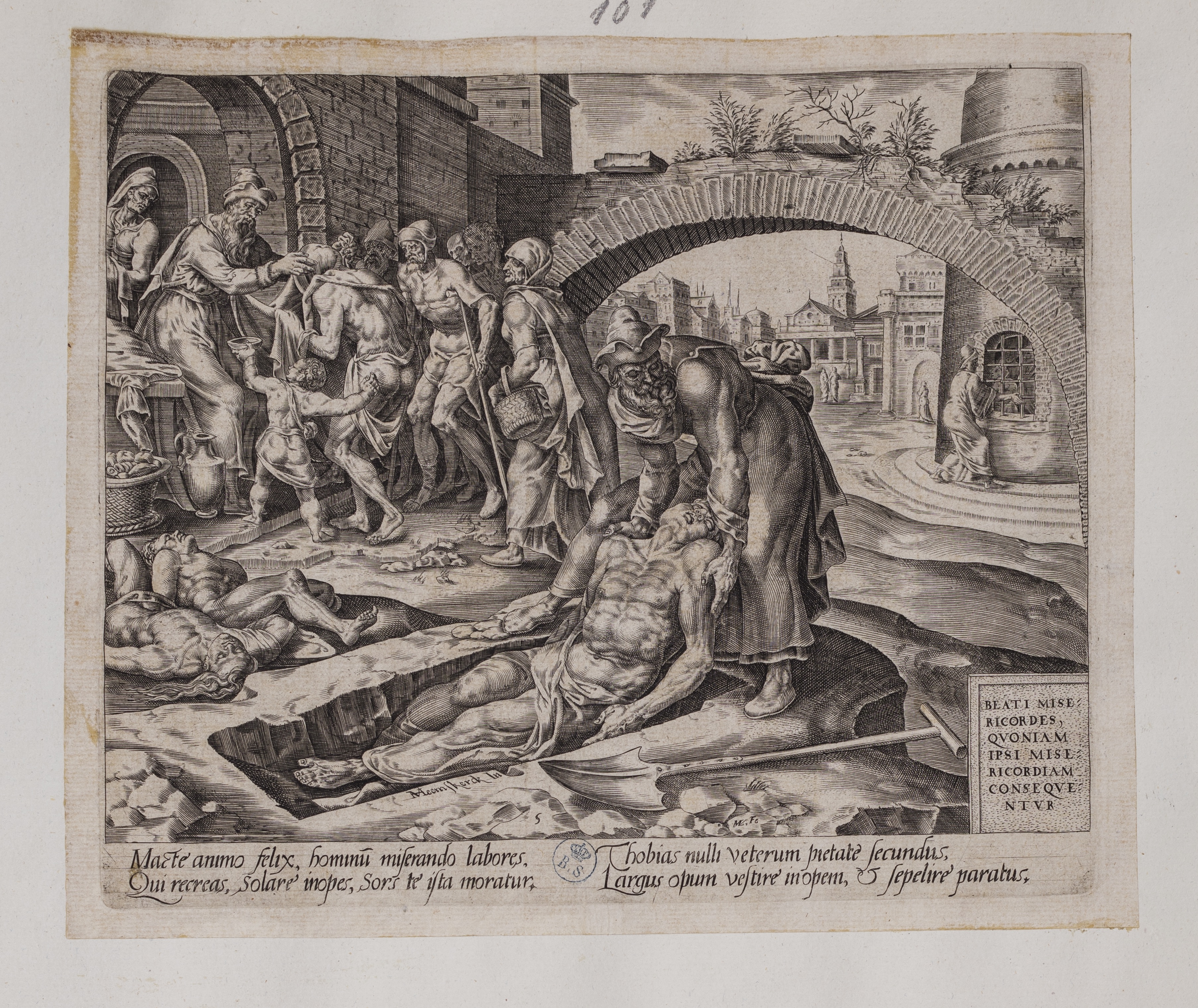 Tobi seppellisce il morto, veste il nudo e nutre l'affamato (stampa controfondata smarginata, serie) di Heemskerck Marten van, Muller Harmen (seconda metà XVI)