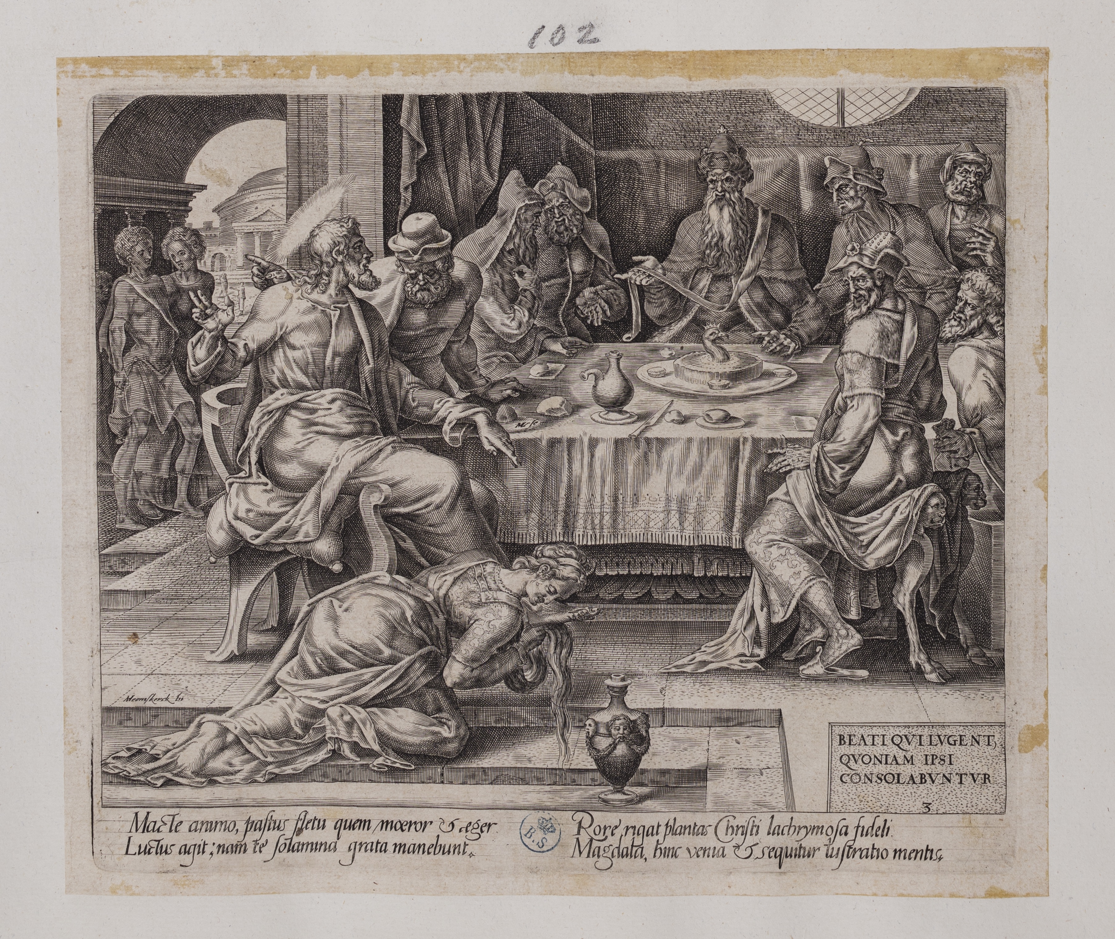 Maria Maddalena lava i piedi a Gesù (stampa controfondata smarginata, serie) di Heemskerck Marten van, Muller Harmen (seconda metà XVI)