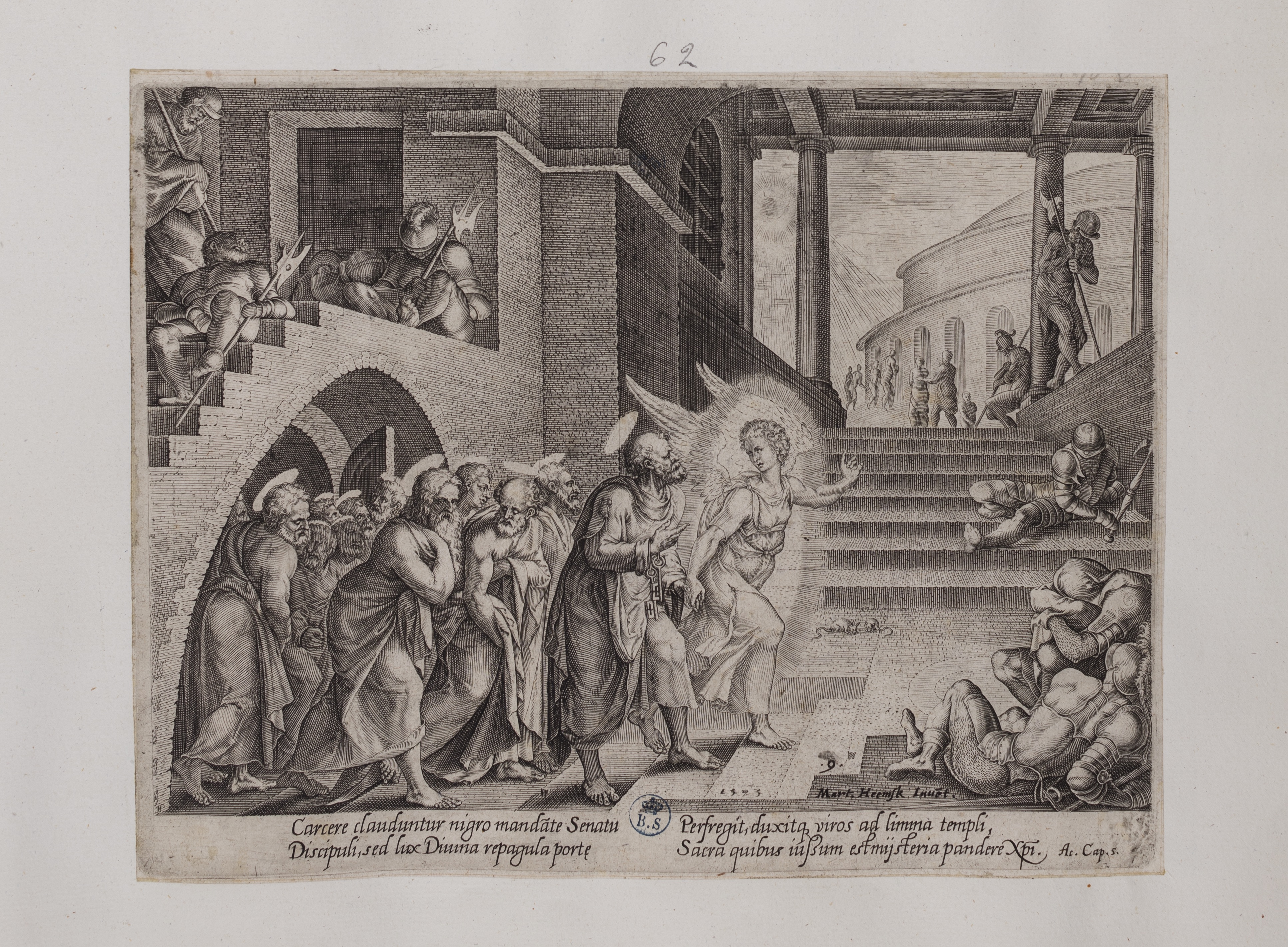 Liberazione degli apostoli dal carcere (stampa controfondata tagliata, serie) di Heemskerck Marten van, Galle Philips (attribuito) (seconda metà sec. XVI)