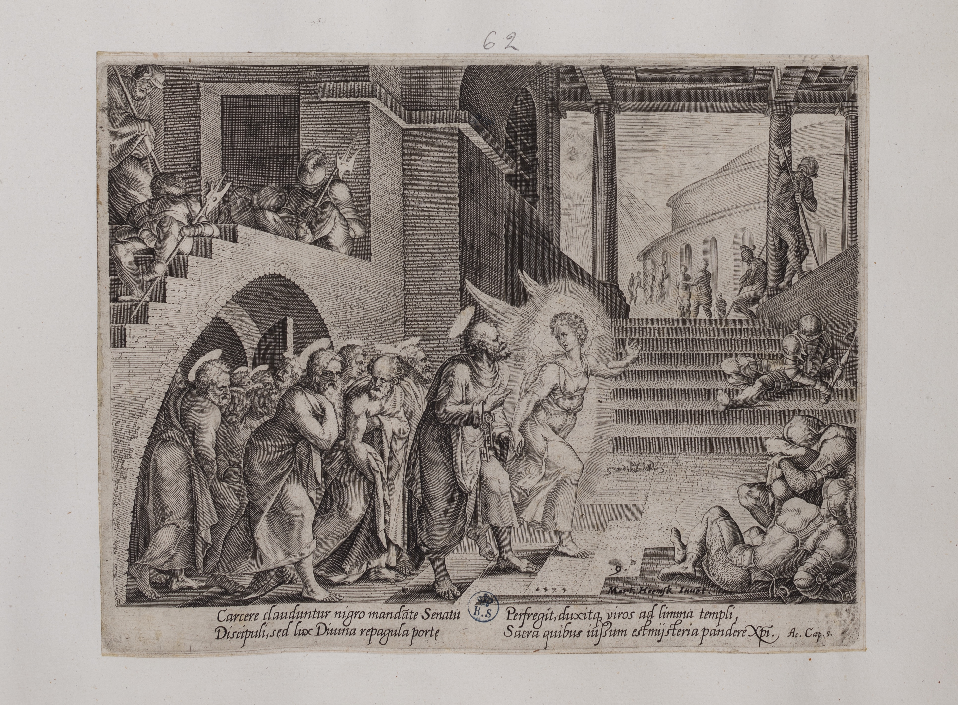 Liberazione degli apostoli dal carcere (stampa controfondata tagliata, serie) di Heemskerck Marten van, Galle Philips (attribuito) (seconda metà sec. XVI)