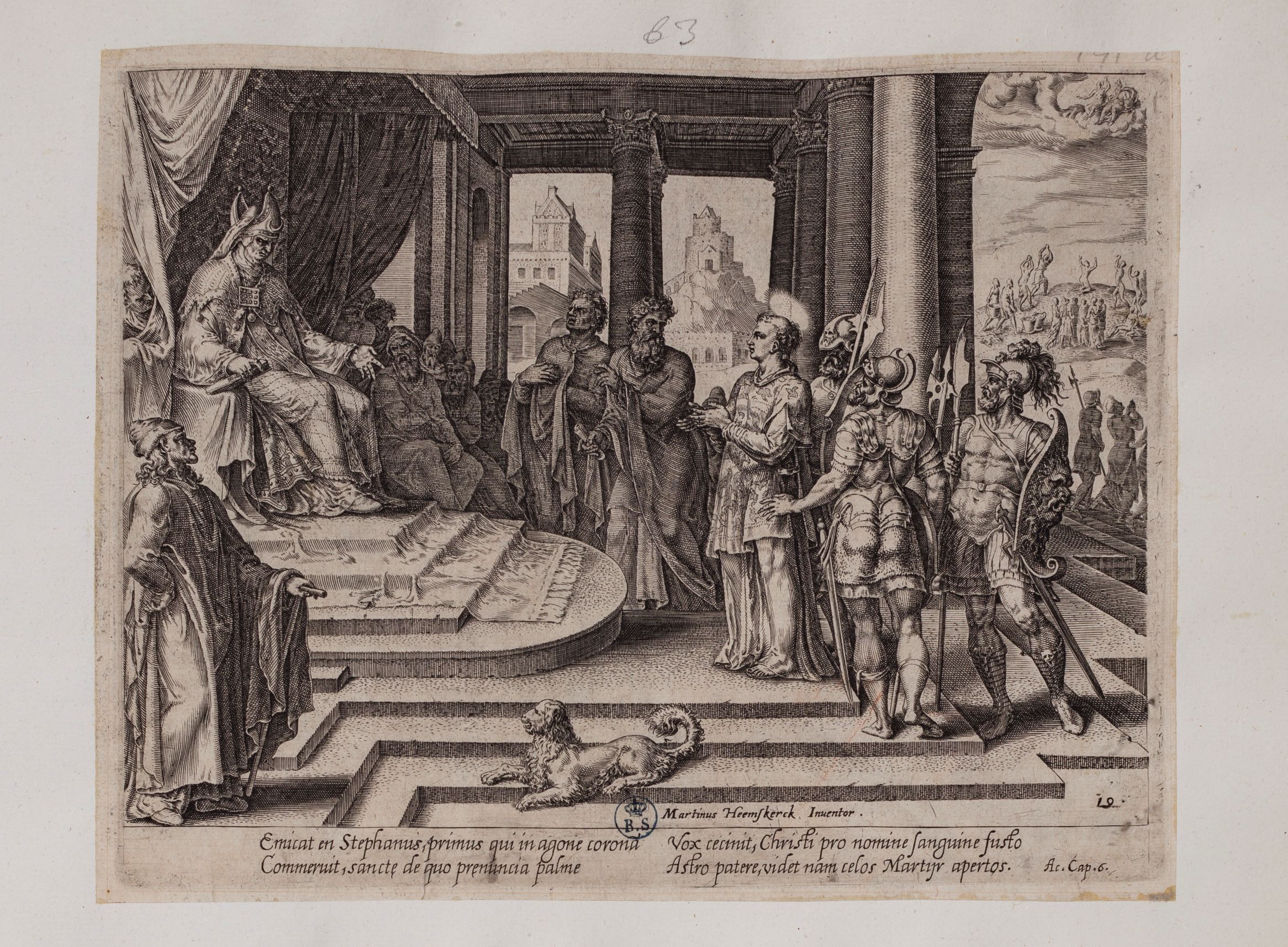 Santo Stefano davanti al sinedrio (stampa controfondata tagliata, serie) di Heemskerck Marten van, Galle Philips (attribuito) (seconda metà sec. XVI)