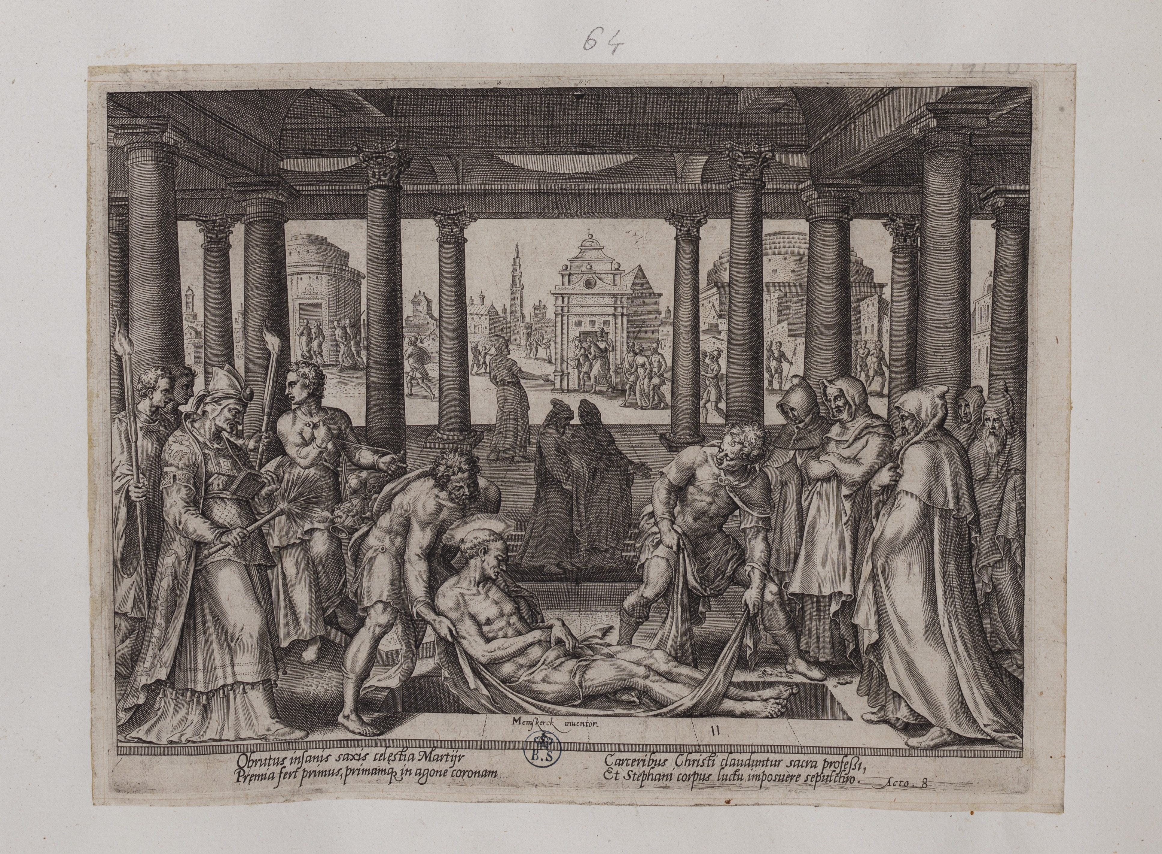 Sepoltura di santo Stefano (stampa controfondata tagliata, serie) di Heemskerck Marten van, Galle Philips (attribuito) (seconda metà sec. XVI)