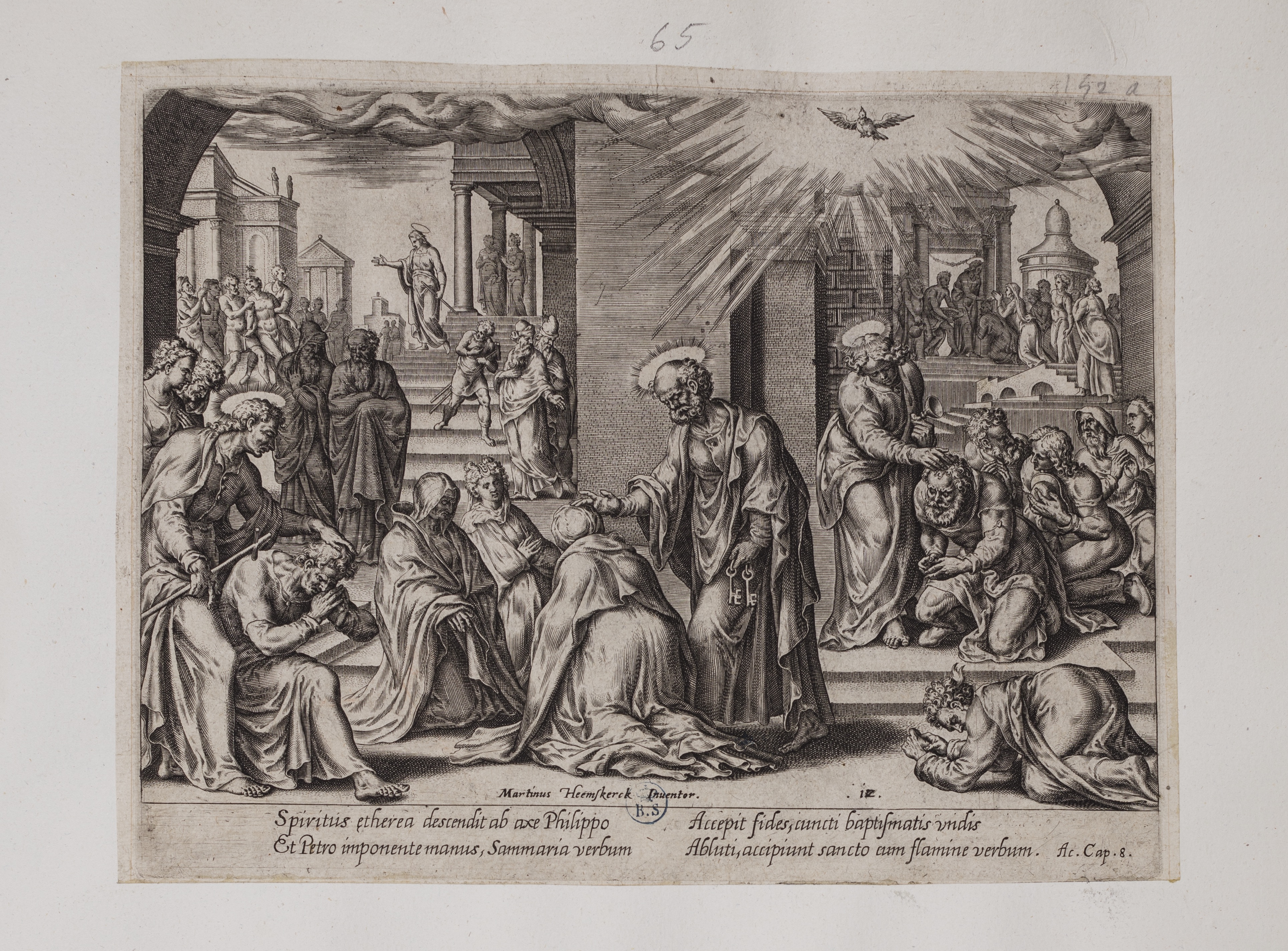 I santi Filippo, Pietro e Giovanni impongono le mani sui battezzati della Samaria (stampa controfondata tagliata, serie) di Heemskerck Marten van, Galle Philips (attribuito) (seconda metà sec. XVI)