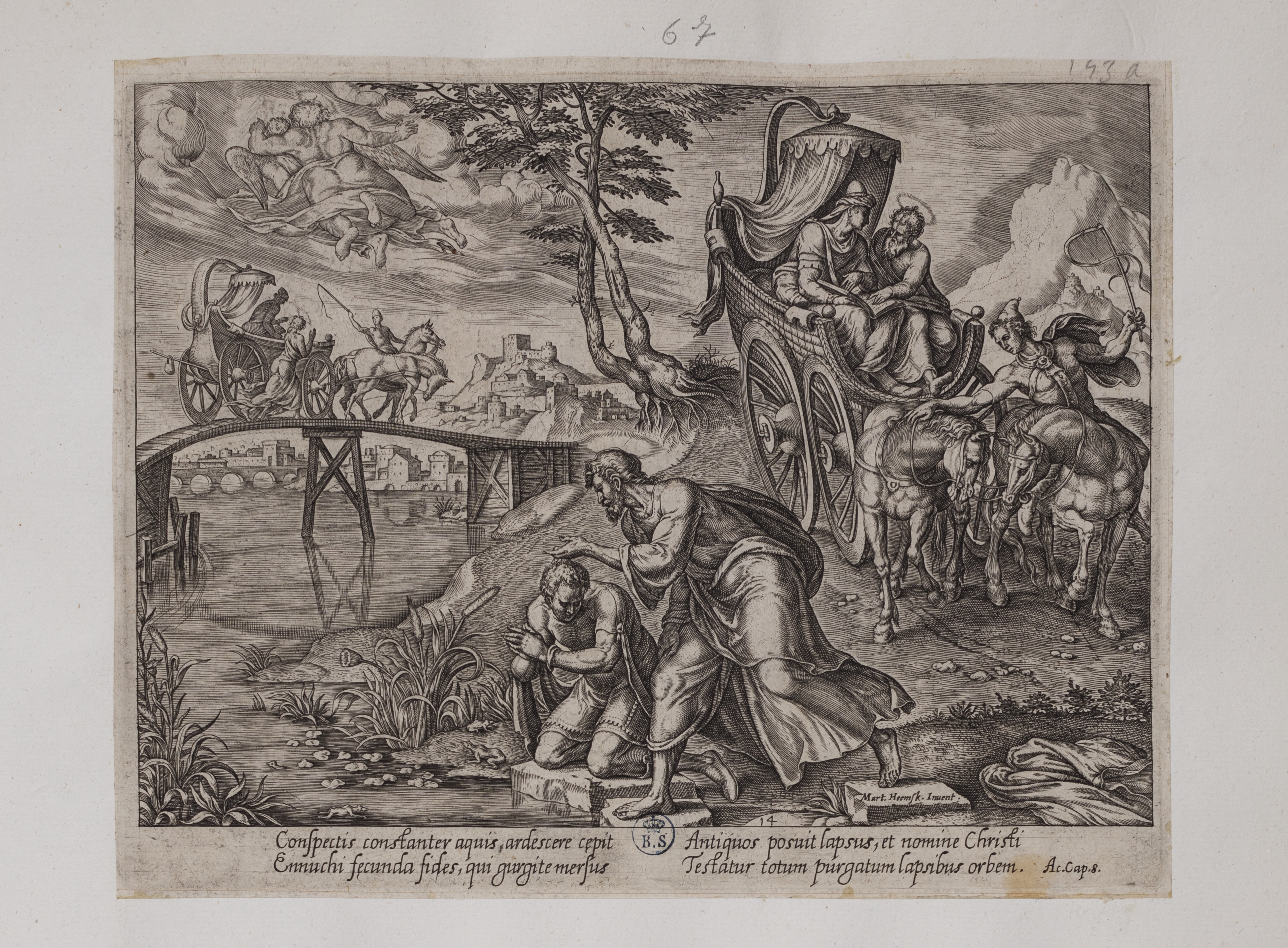 San Filippo battezza l'eunuco (stampa controfondata tagliata, serie) di Heemskerck Marten van, Galle Philips (attribuito) (seconda metà sec. XVI)