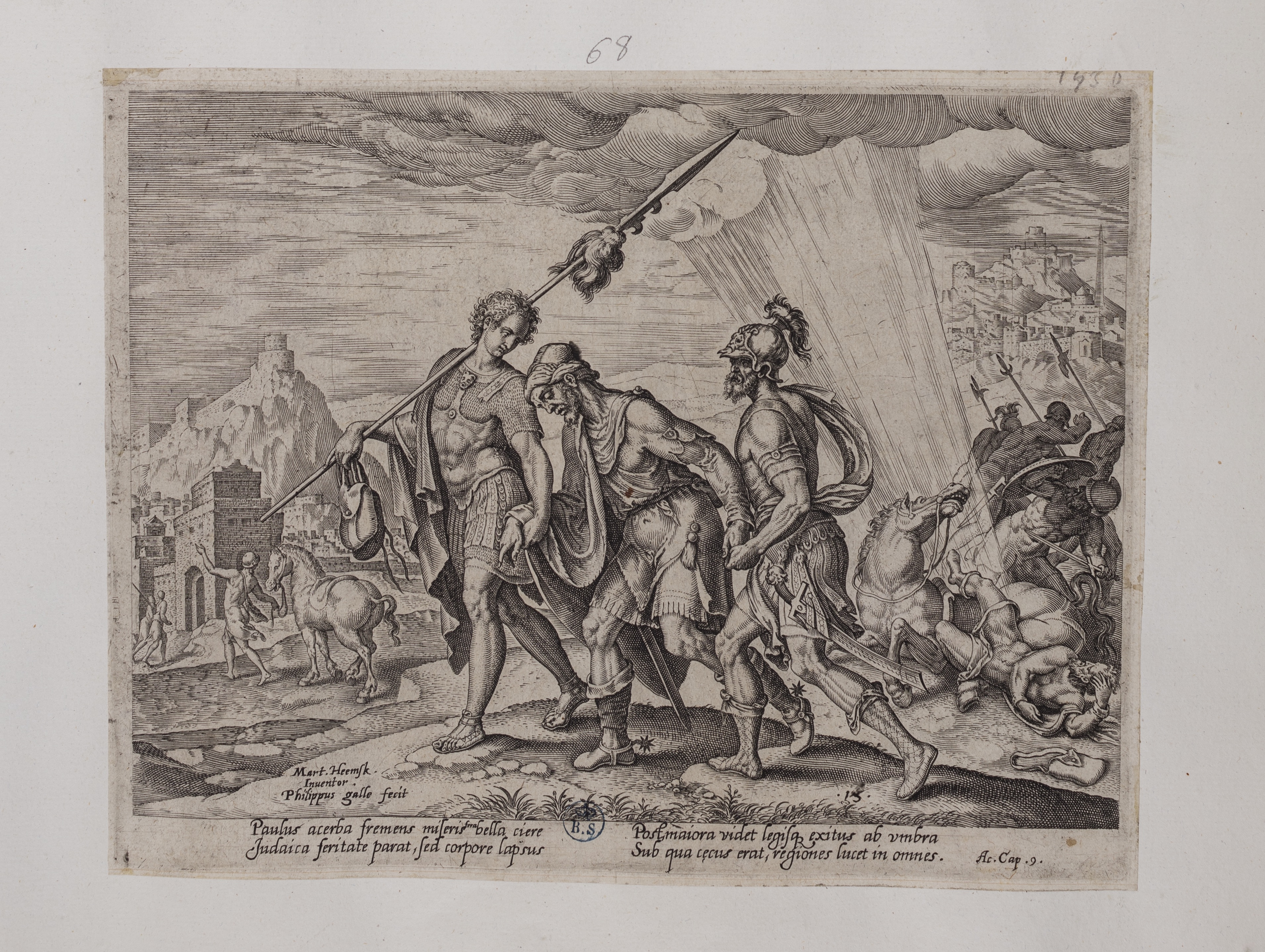 Saulo cieco viene condotto a Damasco (stampa controfondata tagliata, serie) di Heemskerck Marten van, Galle Philips (seconda metà sec. XVI)