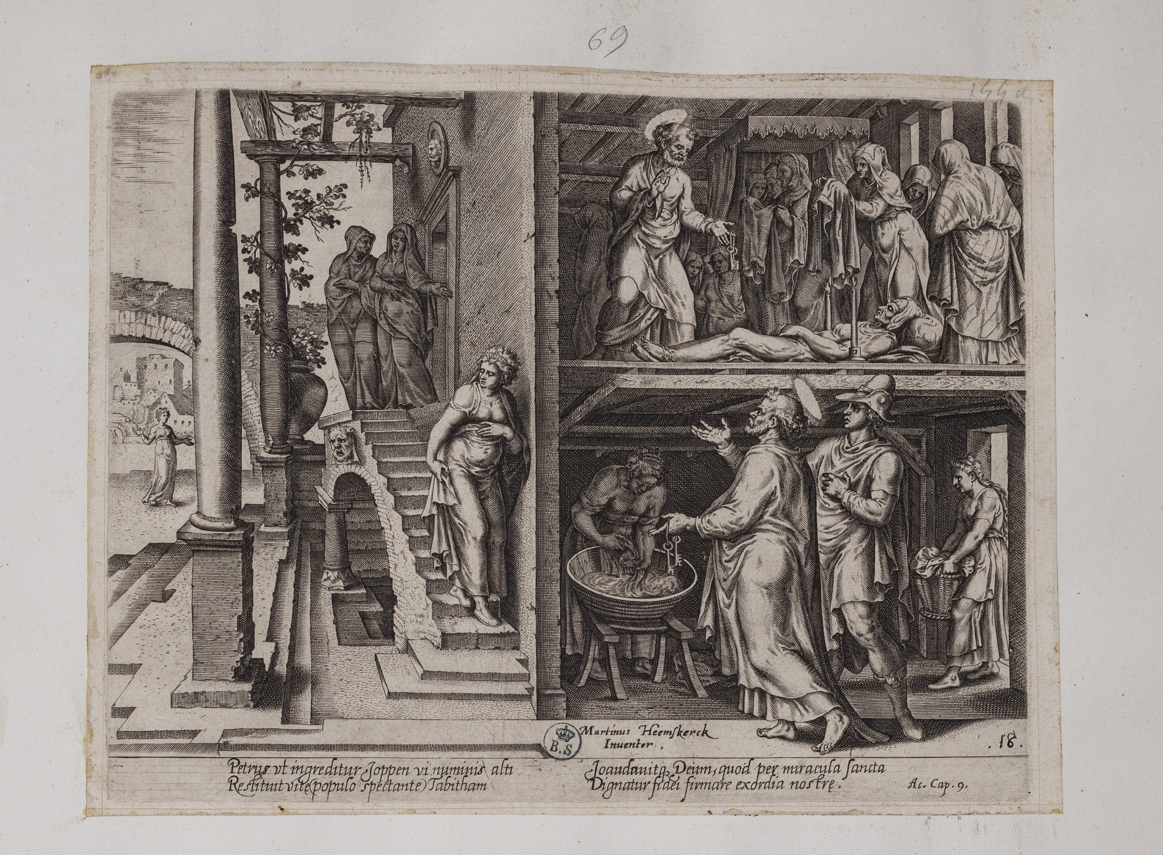 Resurrezione di Tabita a Giaffa (stampa controfondata tagliata, serie) di Heemskerck Marten van, Galle Philips (attribuito) (seconda metà sec. XVI)