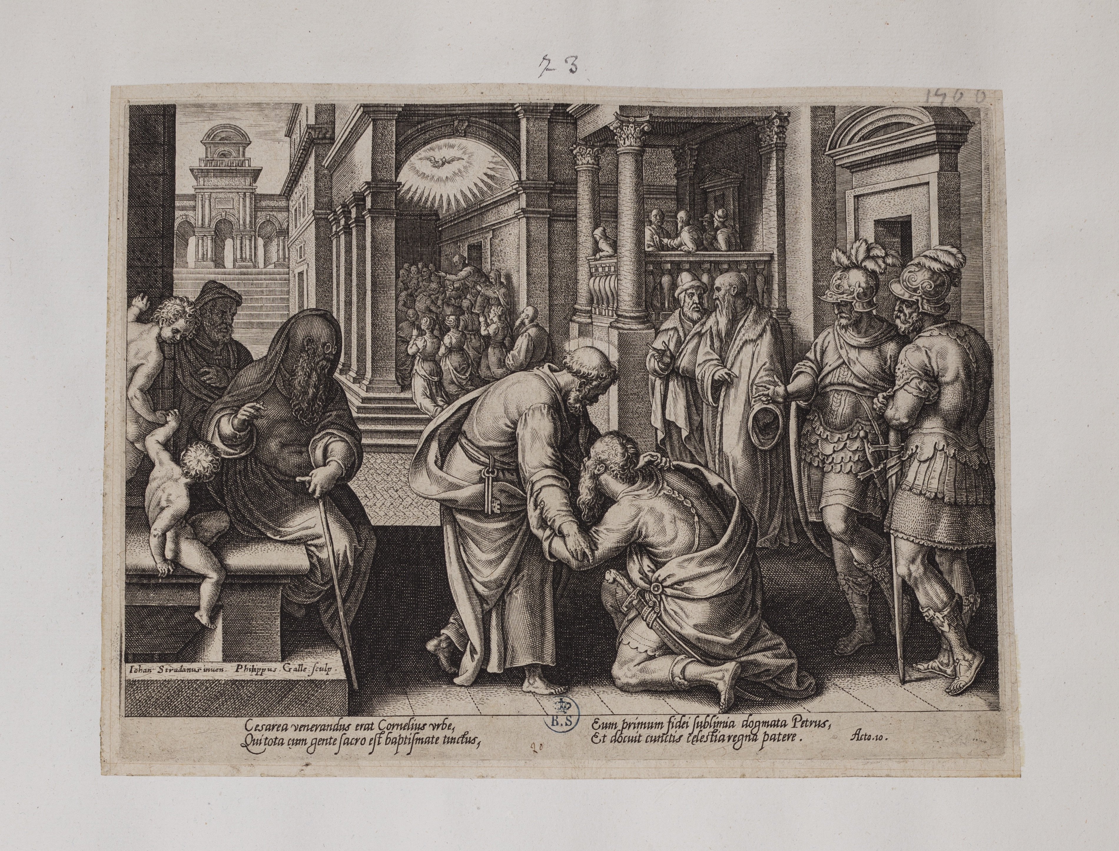 Cornelio si inginocchia davanti a san Pietro (stampa controfondata tagliata, serie) di Straet Jan van der detto Giovanni Stradano, Galle Philips (seconda metà sec. XVI)