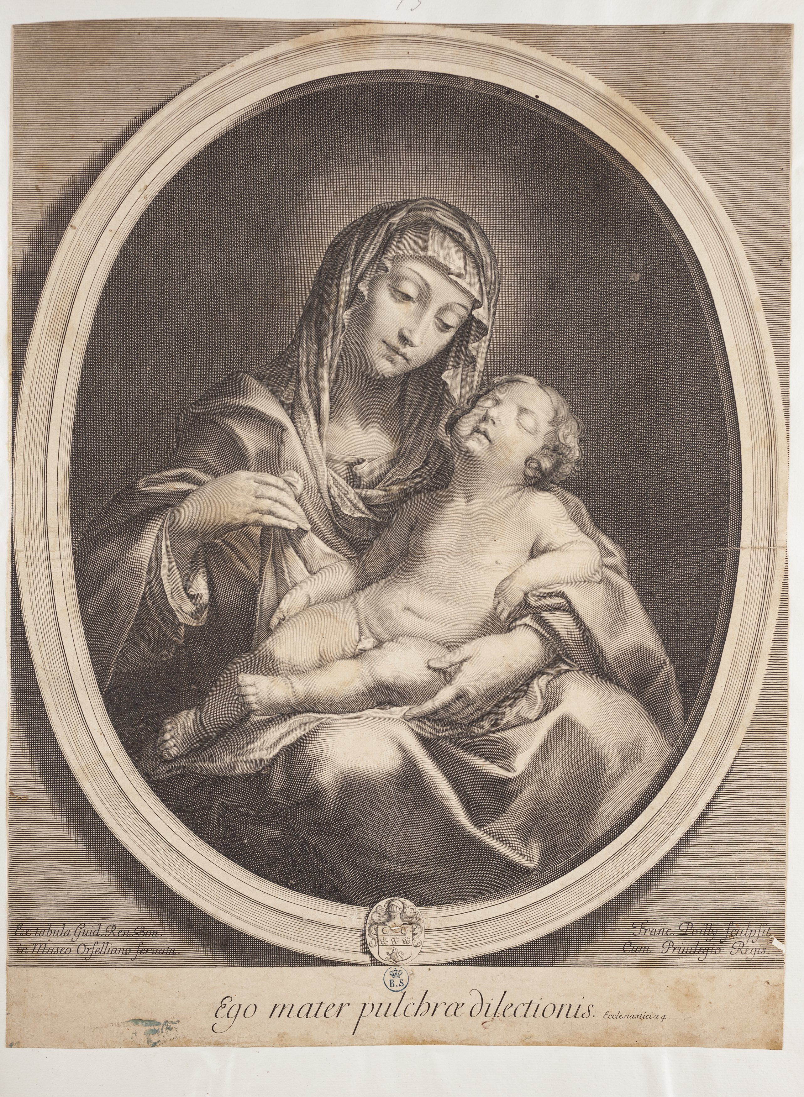 Madonna con Bambino dormiente, Madonna con Bambino dormiente (stampa controfondata smarginata tagliata) di Gessi Francesco, Poilly François de (terzo quarto XVII)