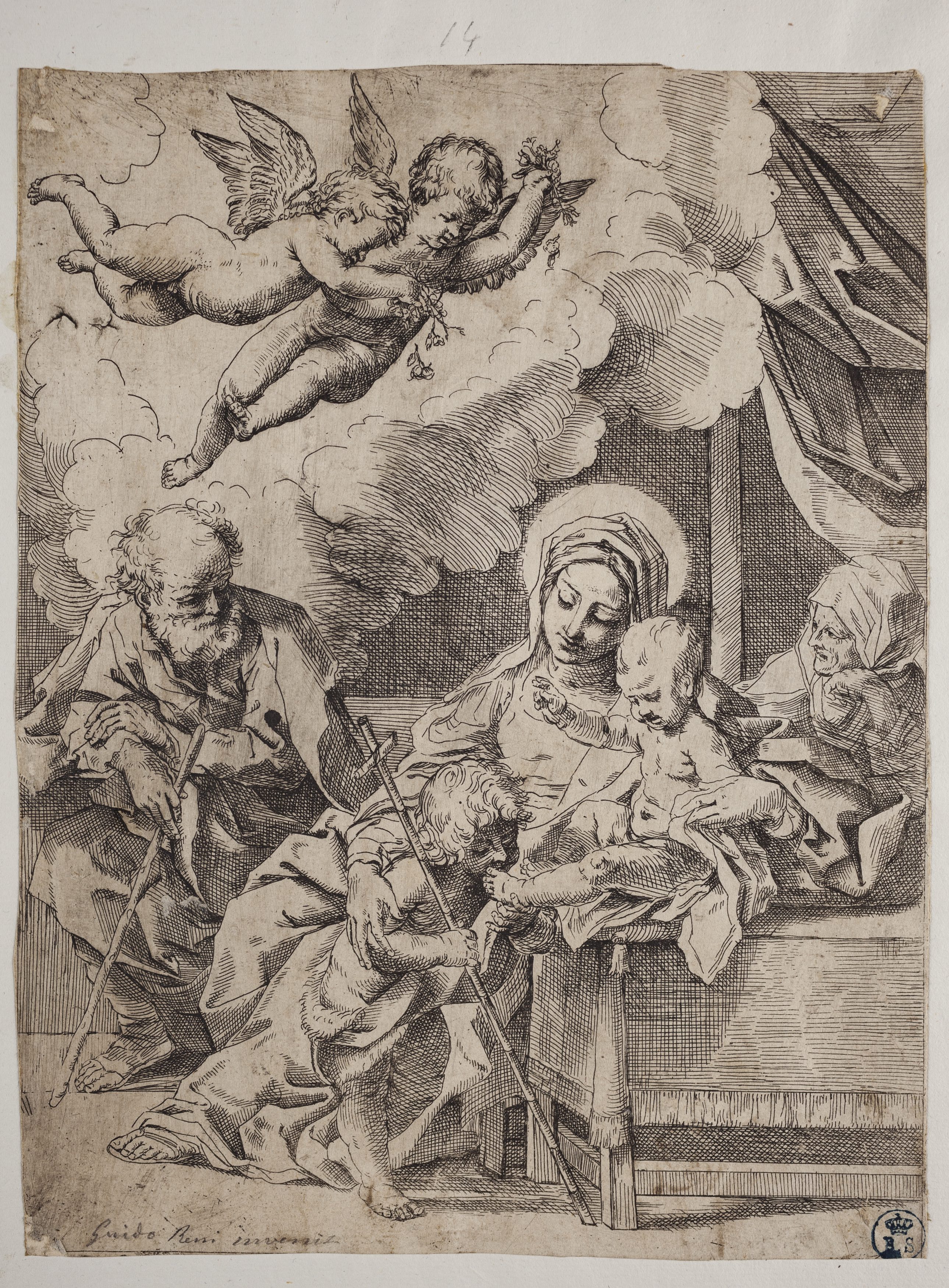 Sacra Famiglia con sant'Anna e san Giovannino, Sacra Famiglia con sant'Anna e san Giovannino (stampa controfondata smarginata tagliata) di Guido Reni (XVII)