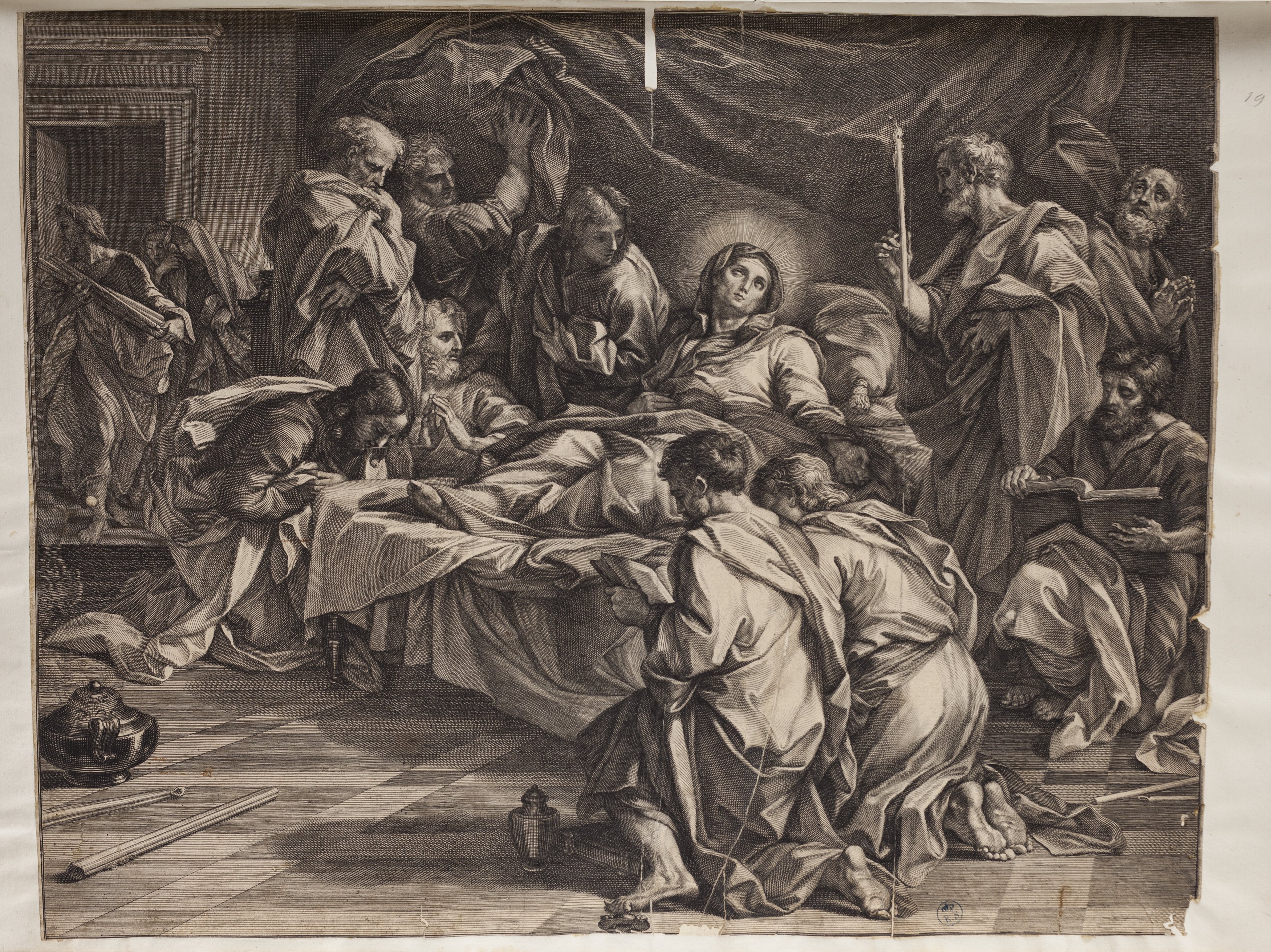Morte della Vergine, morte della Vergine (stampa controfondata smarginata tagliata) di Carlo Maratta o Maratti, Robert Van Audenaerde (ultimo quarto XVII)