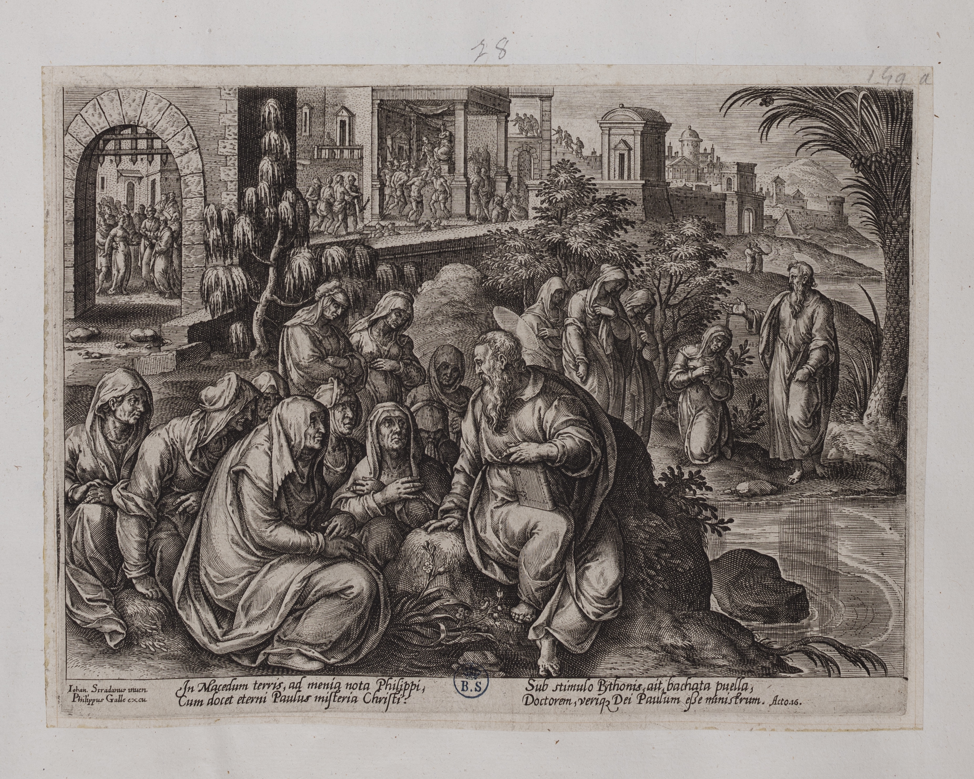 Predica di san Paolo alle donne di Filippi (stampa controfondata tagliata, serie) di Straet Jan van der detto Giovanni Stradano, Galle Philips (attribuito) (seconda metà sec. XVI)