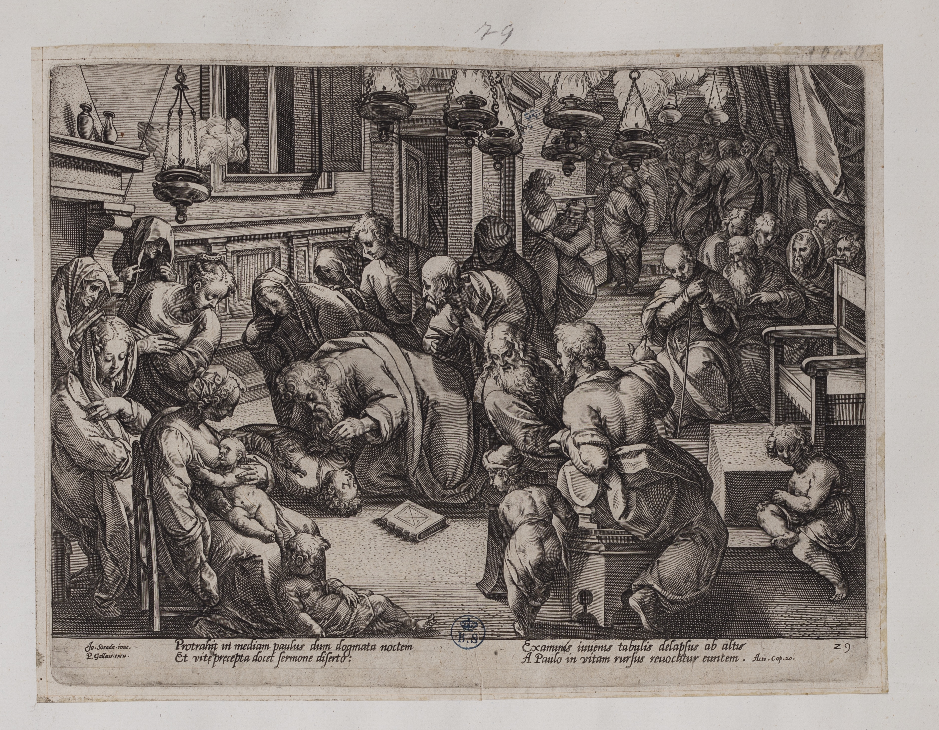 San Paolo resuscita Eutico (stampa controfondata tagliata, serie) di Straet Jan van der detto Giovanni Stradano, Goltzius Hendrick (attribuito) (seconda metà sec. XVI)