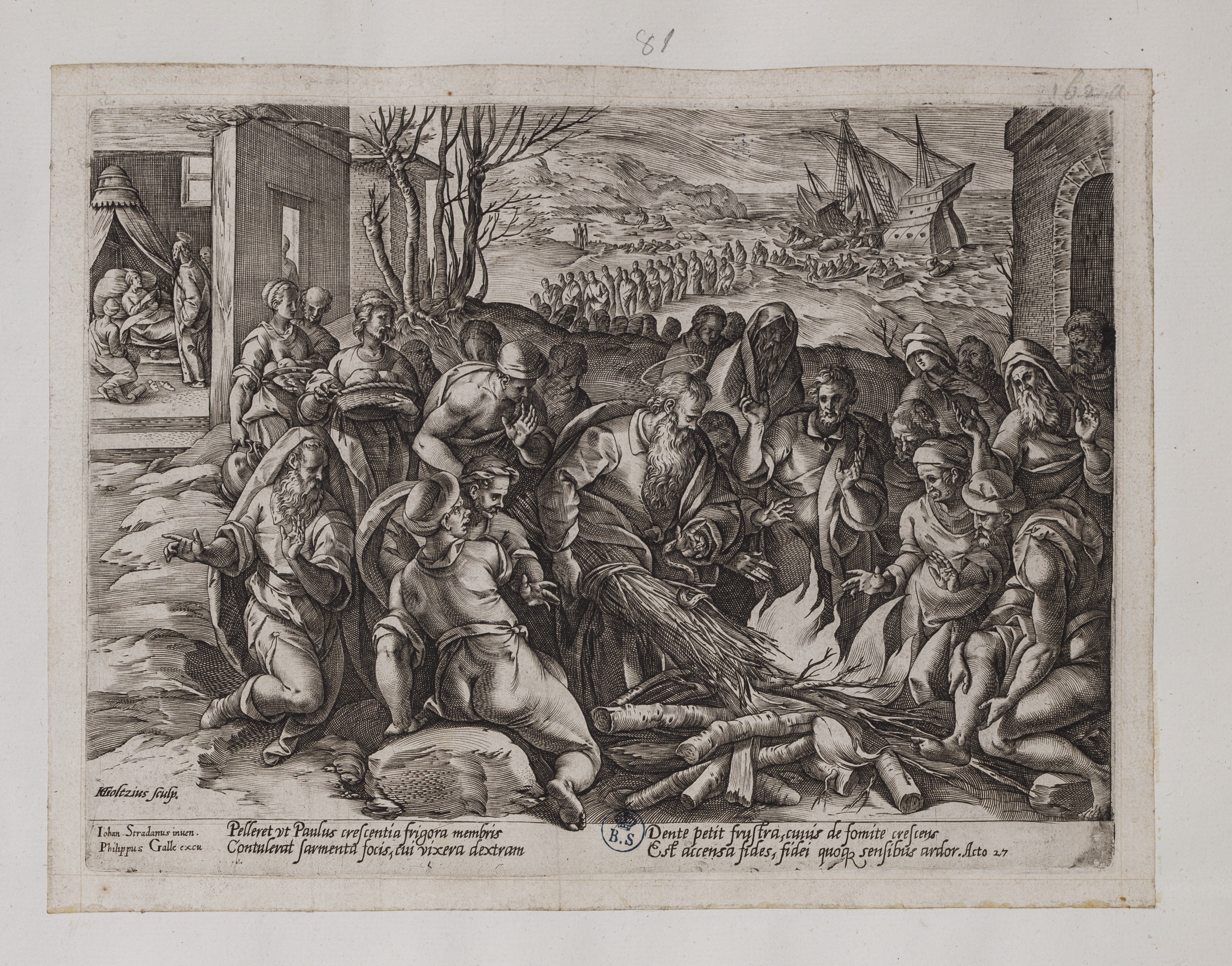 San Paolo morso da una vipera (stampa controfondata tagliata, serie) di Straet Jan van der detto Giovanni Stradano, Goltzius Hendrick (seconda metà sec. XVI)