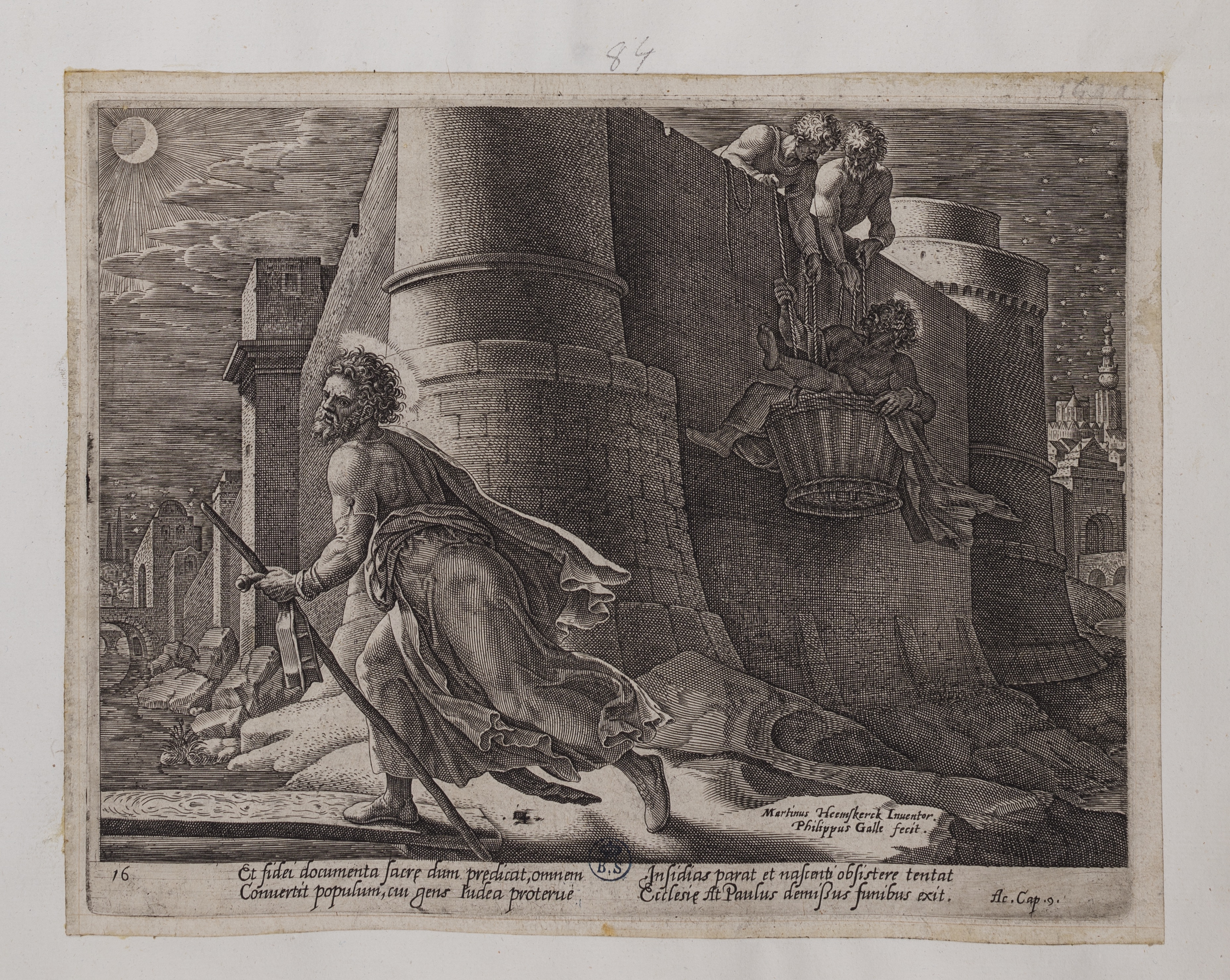 San Paolo fugge da Damasco di notte (stampa controfondata tagliata, serie) di Heemskerck Marten van, Galle Philips (seconda metà sec. XVI)