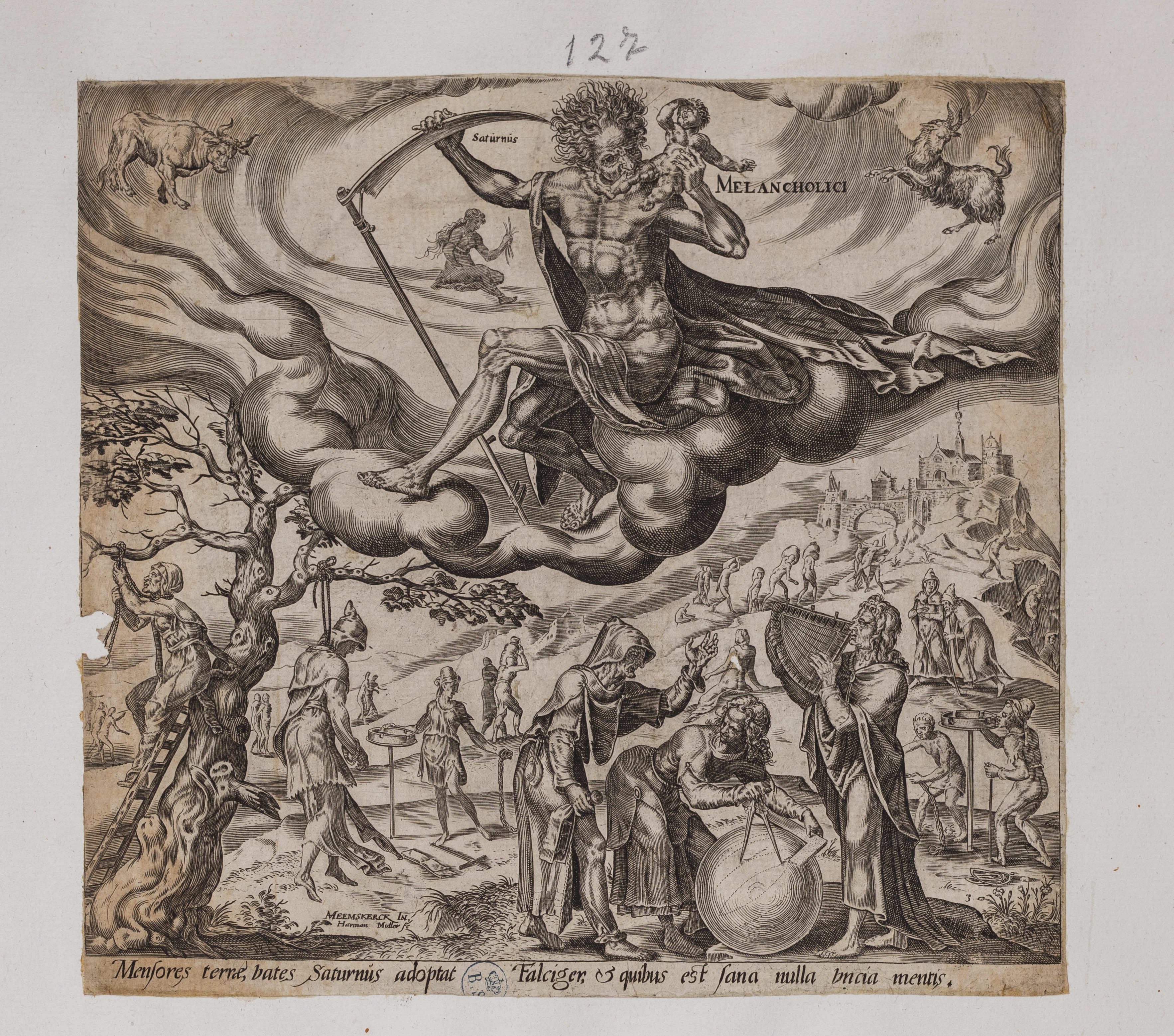 Temperamento melancolico (stampa controfondata tagliata, serie) di Heemskerck Marten van, Muller Harmen (seconda metà sec. XVI)