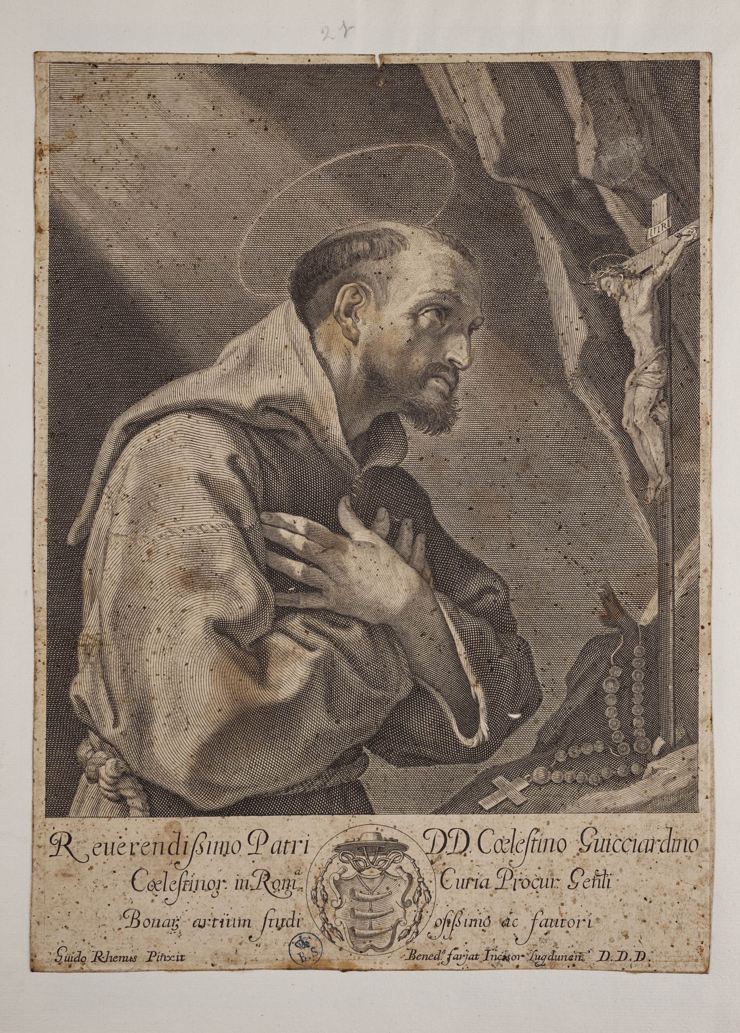 San Francesco d'Assisi, San Francesco d'Assisi in adorazione del crocifisso (stampa controfondata smarginata tagliata) di Guido Reni, Farjat Benoît (metà/ metà XVII-XVIII)