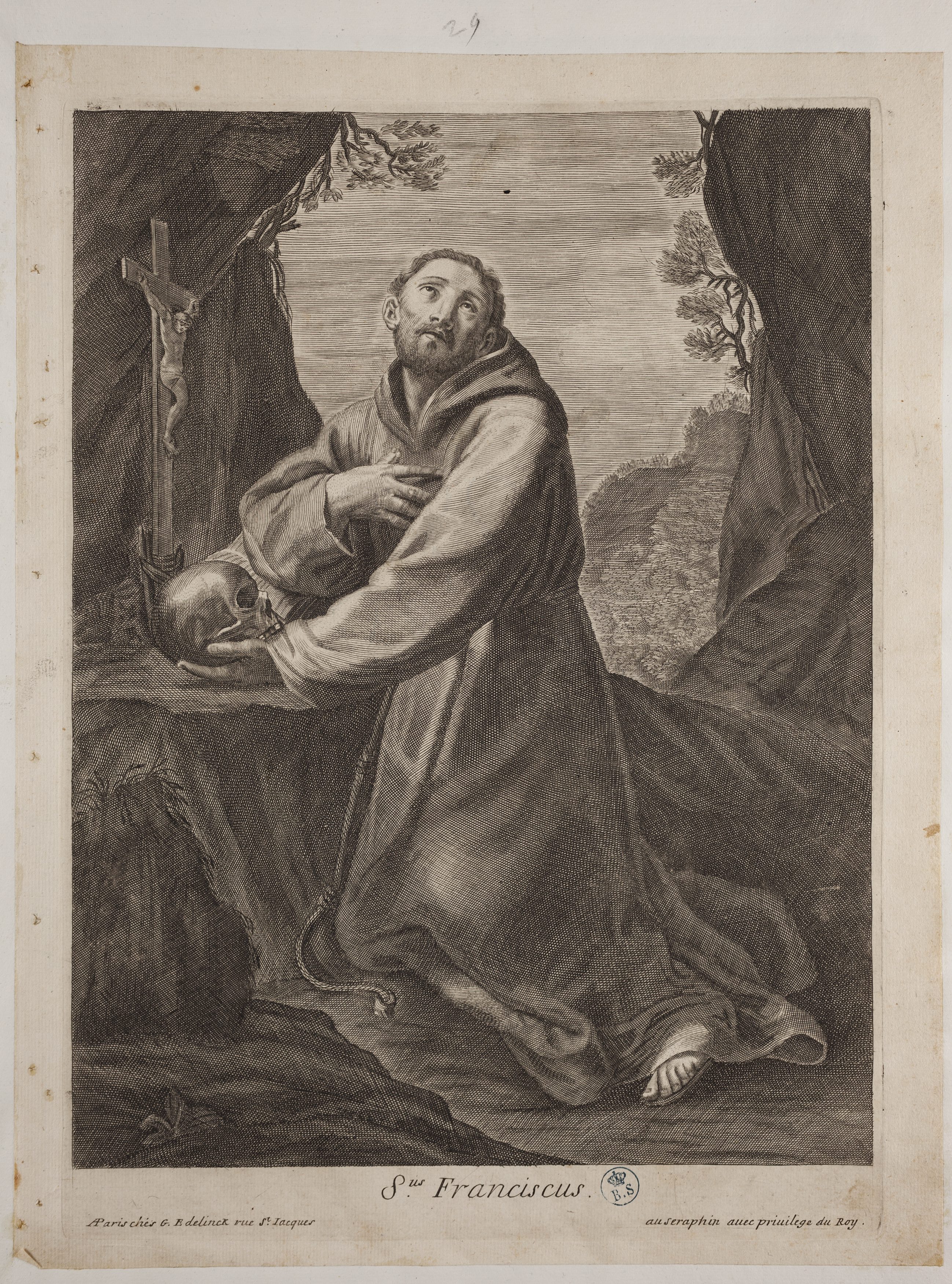 San Francesco in meditazione, San Francesco d'Assisi (stampa controfondata tagliata) di Guido Reni (metà/ inizio XVII-XVIII)