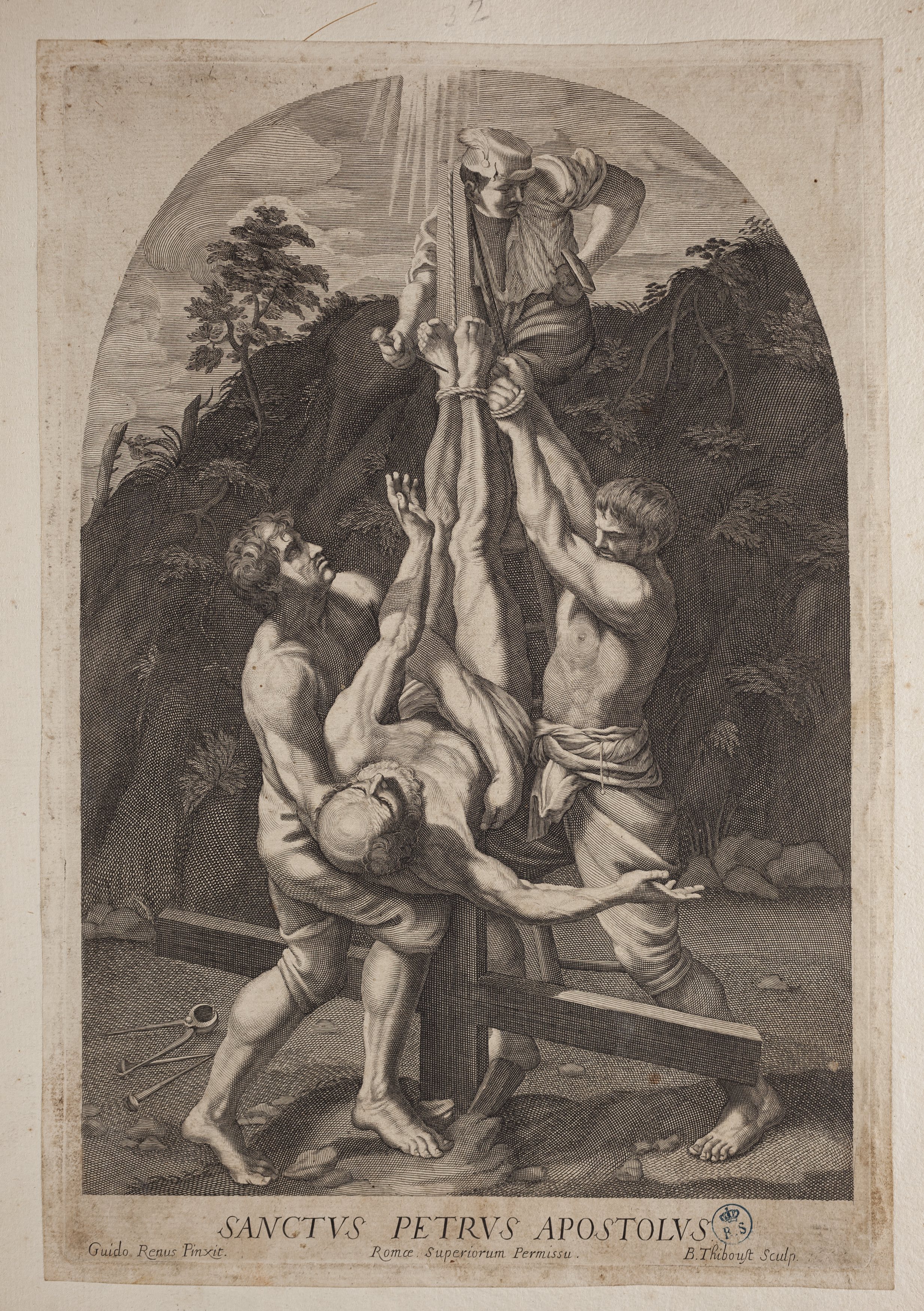 La crocifissione di san Pietro, crocifissione di san Pietro (stampa controfondata tagliata) di Guido Reni, Thiboust Benoît (metà/ metà XVII-XVIII)