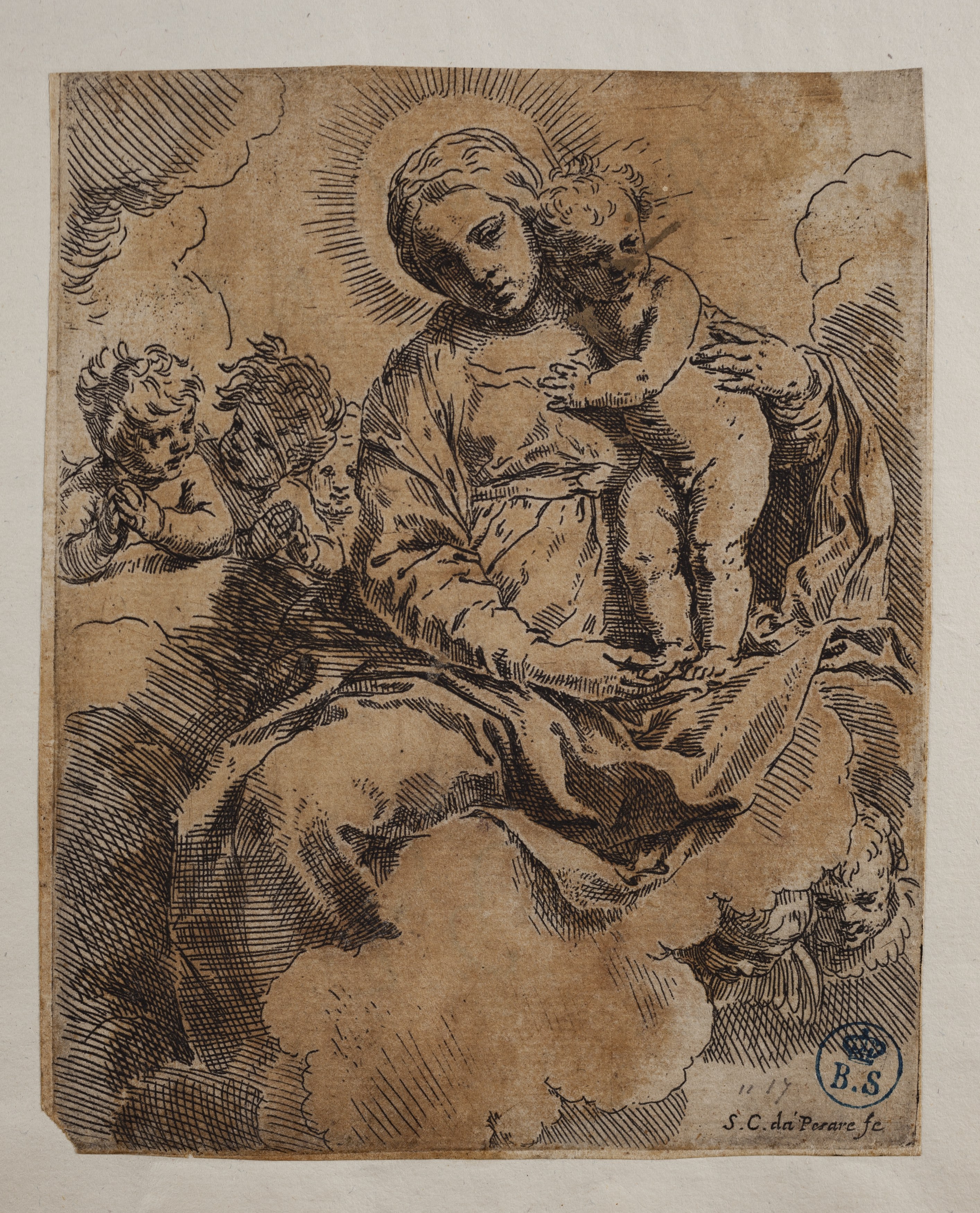 La Vergine con il Bambino, Madonna con Bambino (stampa controfondata smarginata tagliata) di Simone Cantarini detto il Pesarese (secondo quarto XVII)