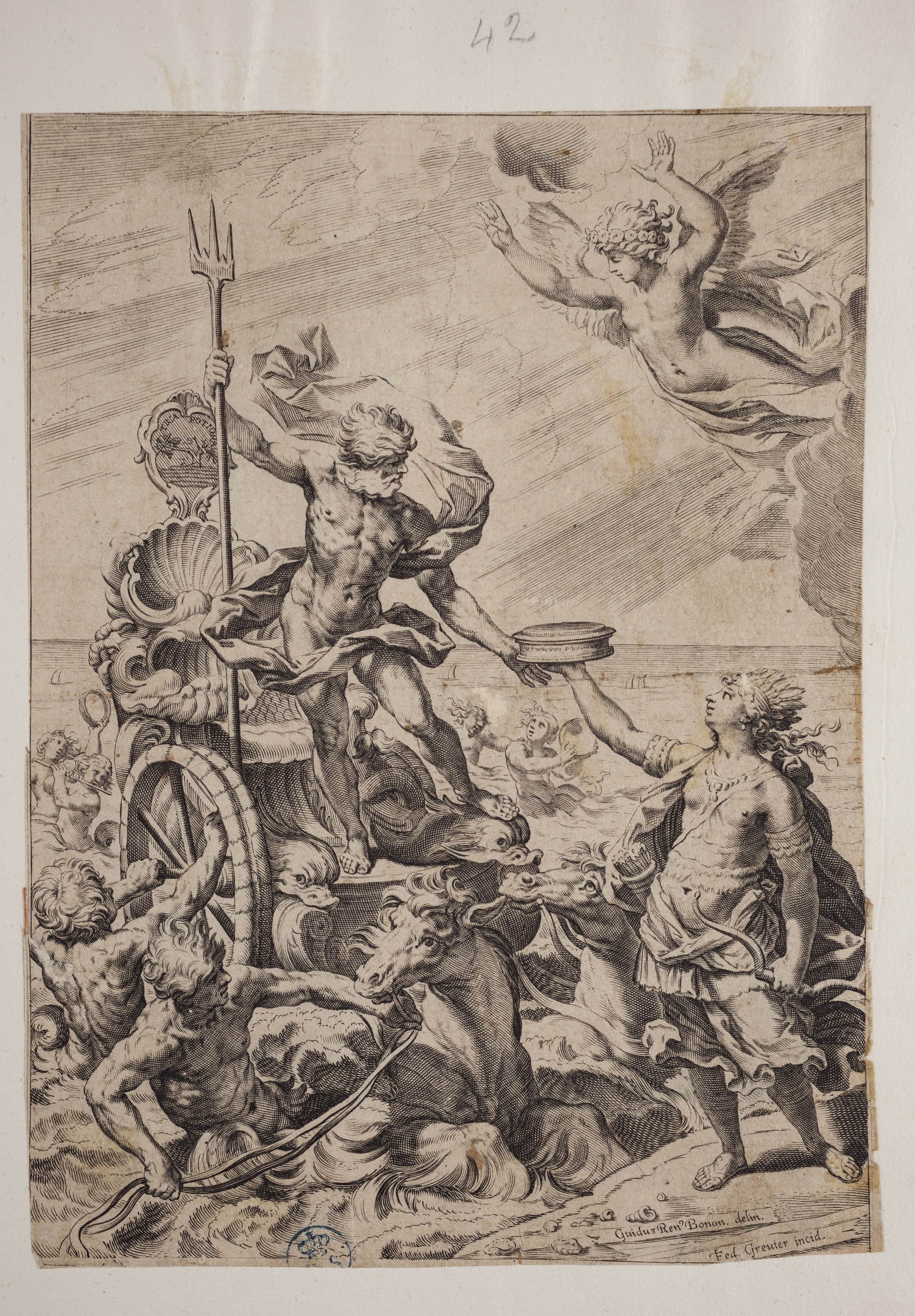 Nettuno porge gli agrumi all'India, Nettuno porge gli agrumi all'India (stampa controfondata smarginata tagliata, serie) di Guido Reni, Greuter Johann Friedrich (secondo quarto XVII)