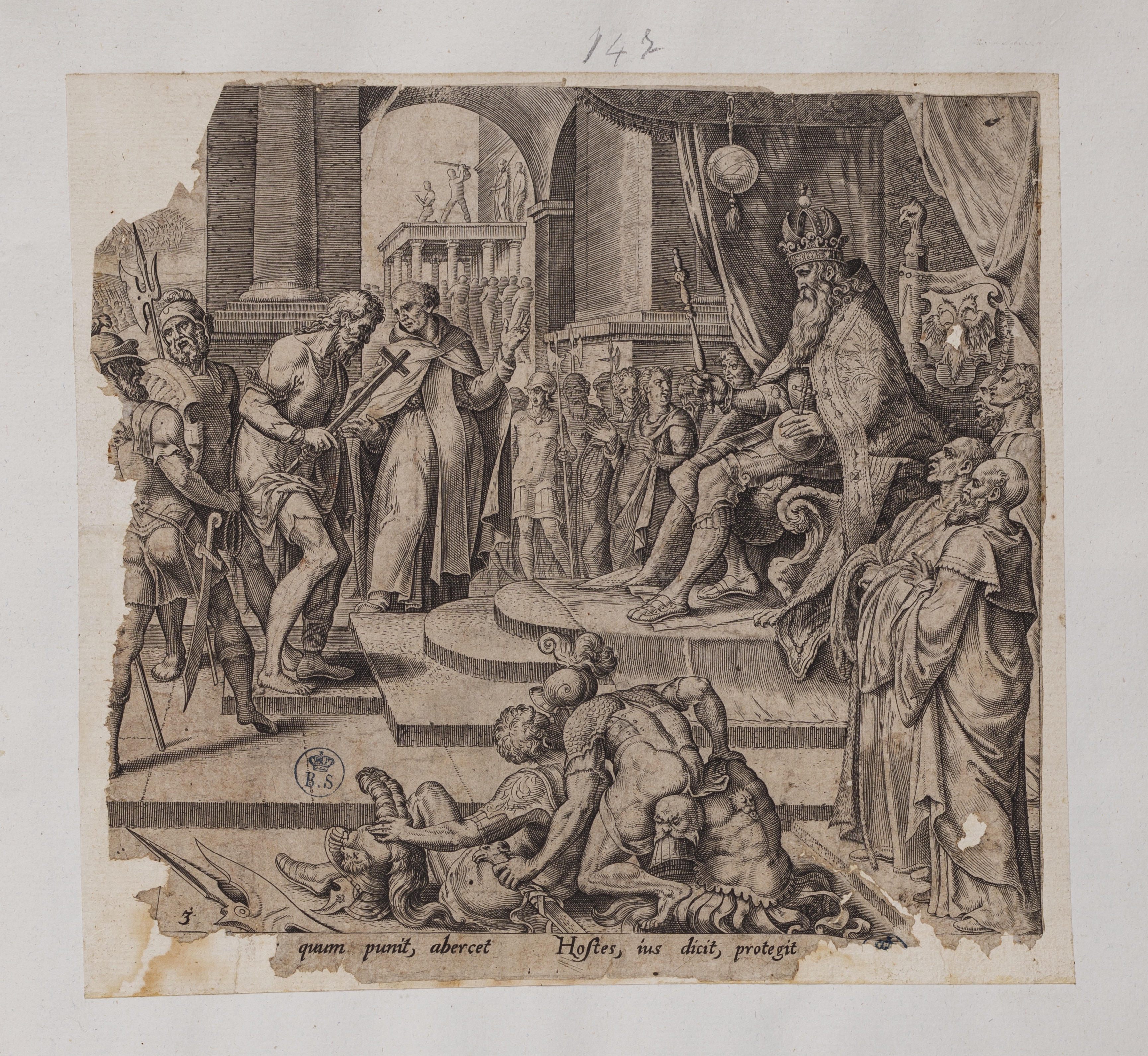 Il re amministra la giustizia (stampa controfondata smarginata tagliata, serie) di Heemskerck Marten van, Galle Philips (attribuito) (seconda metà sec. XVI)