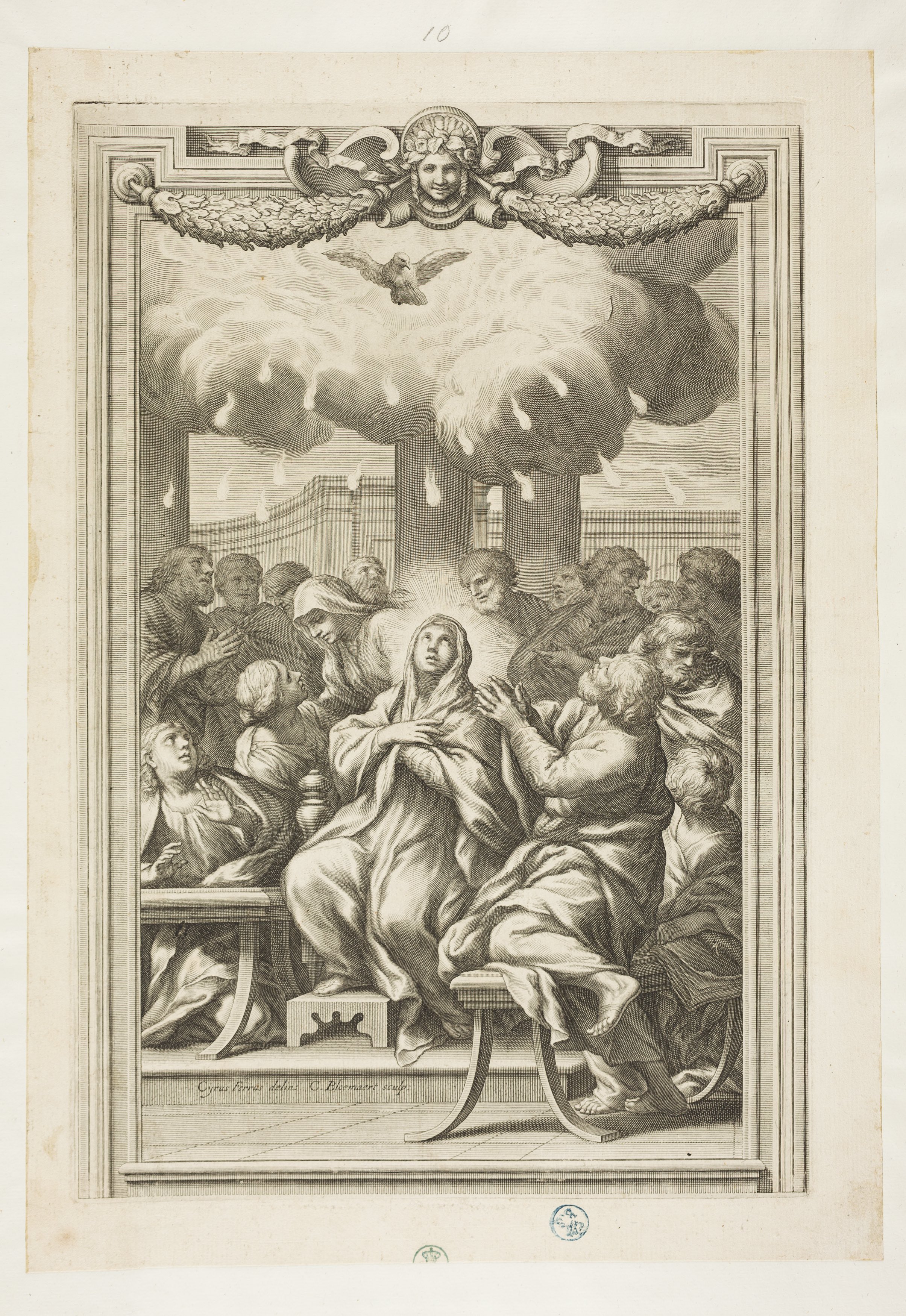 Pentecoste, pentecoste (stampa controfondata tagliata, serie) di Ferri Ciro, Cornelis Bloemaert (terzo quarto XVII)