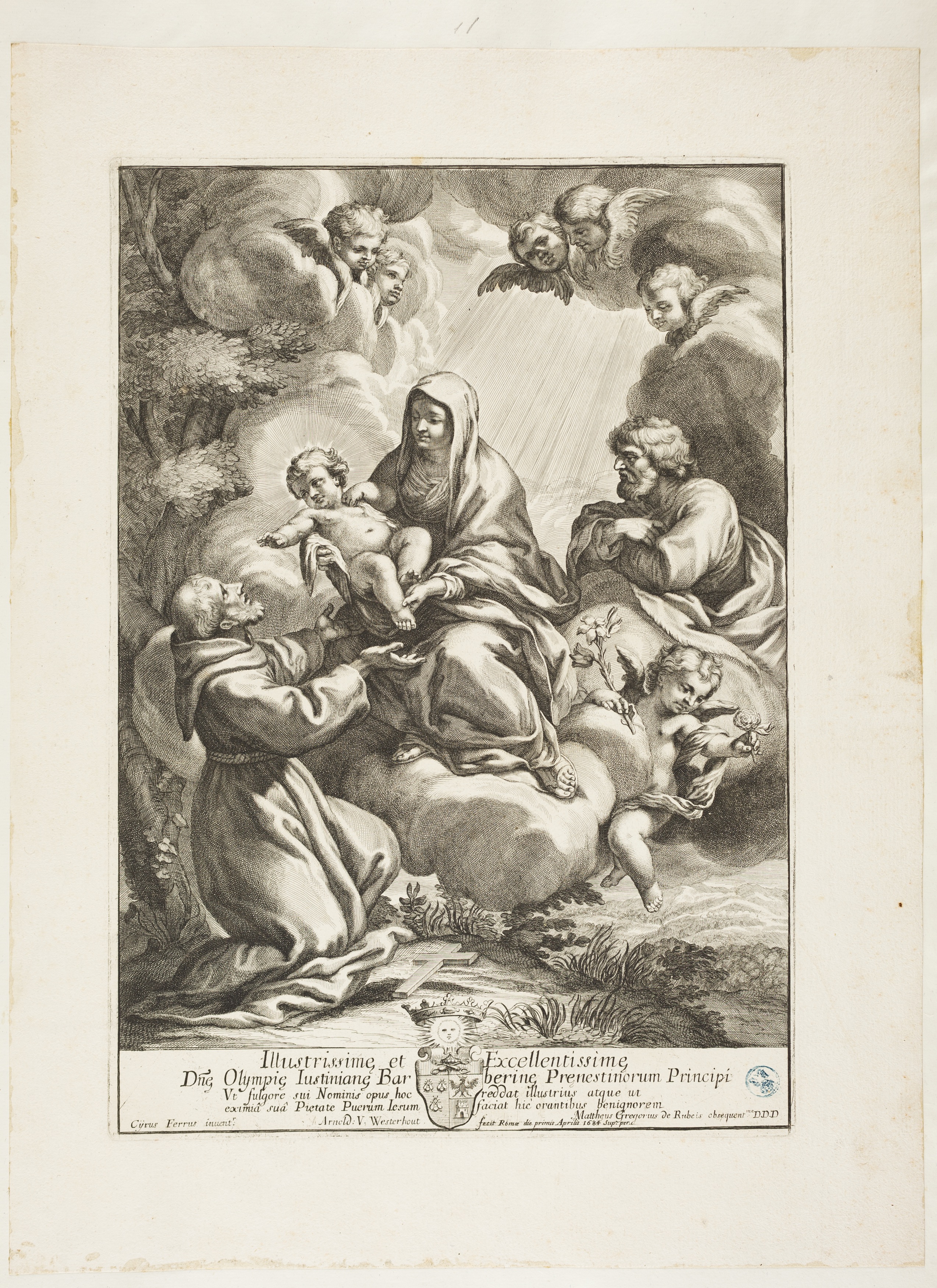 San Francesco riceve Gesù Bambino dalla Madonna, san Francesco riceve Gesù Bambino dalla Madonna (stampa controfondata tagliata) di Ferri Ciro, Westerhout Arnold van (ultimo quarto XVII)