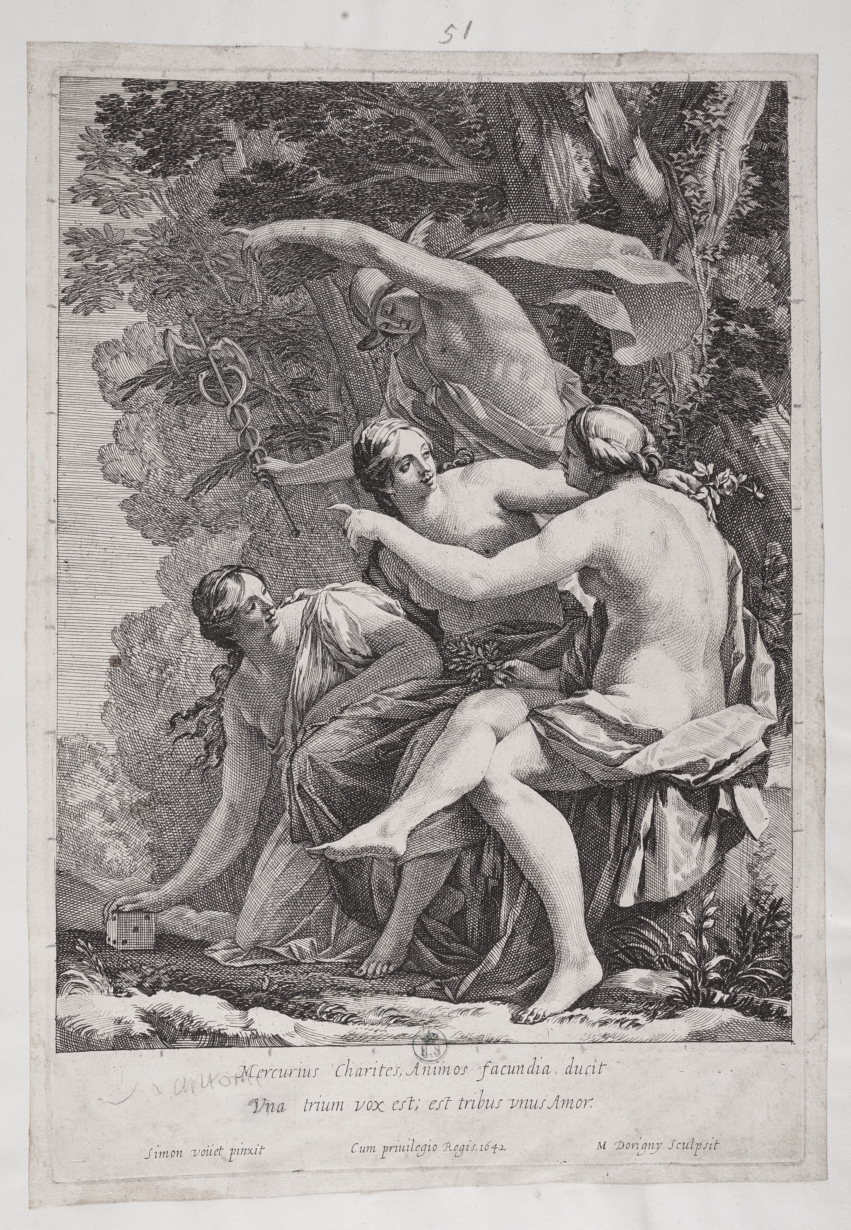 Mercurio e le tre Grazie, Mercurio e le tre Grazie (stampa controfondata) di Simon Vouet, Dorigny Michel (secondo quarto XVII)