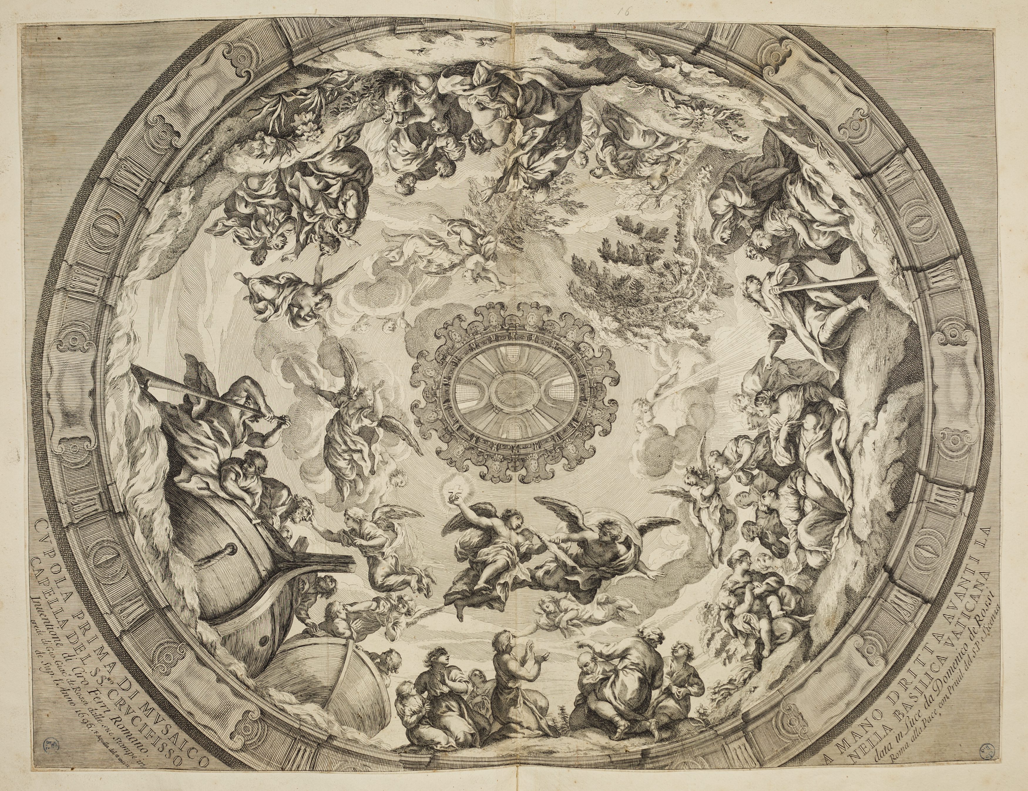 Cupola in mosaico del Santissimo Crocifisso, gli angeli segnano con la croce gli eletti (stampa controfondata smarginata tagliata, serie) di Ferri Ciro, Aquila Francesco Faraone (ultimo quarto XVII)