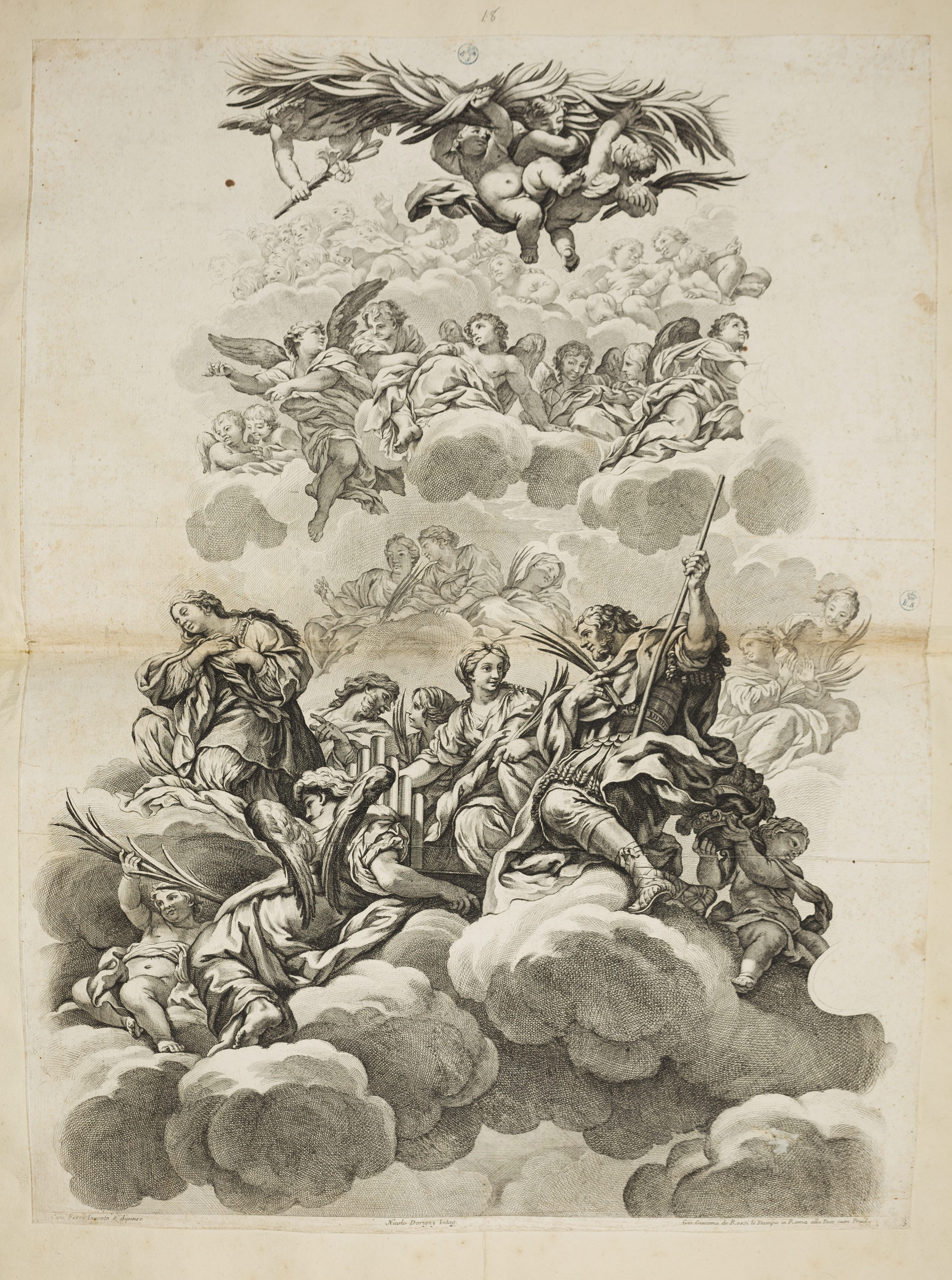 Sant'Agnese in ginocchio sulle nubi seguita da Santa Cecilia e altri Santi, Sant'Agnese in ginocchio sulle nubi seguita da Santa Cecilia e altri Santi (stampa controfondata smarginata tagliata, serie) di Ferri Ciro, Dorigny Nicolas (ultimo quarto XVII)
