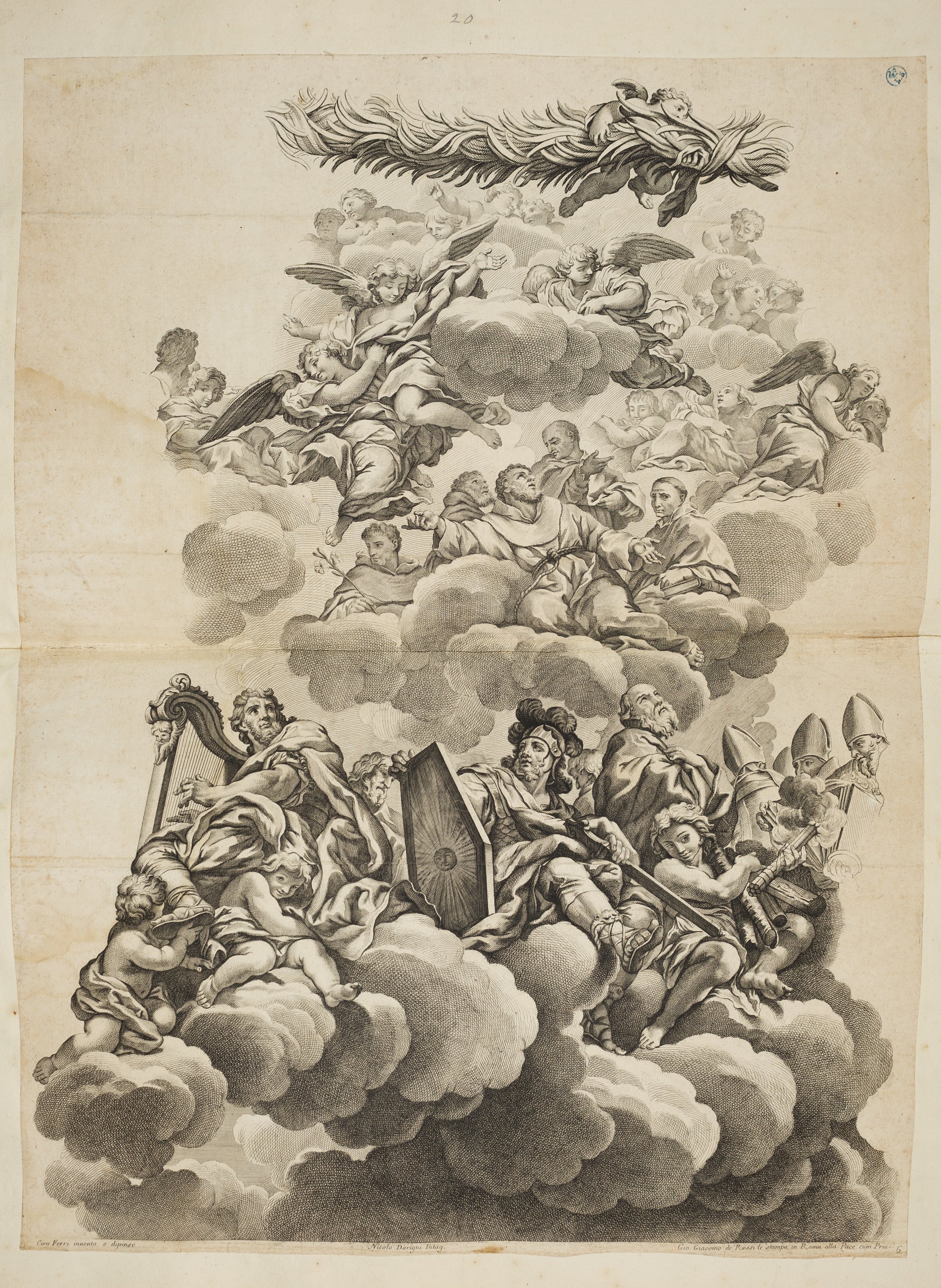 Davide, San Francesco in gloria con angeli e altri Santi, Davide, San Francesco in gloria con angeli e altri Santi (stampa controfondata smarginata tagliata, serie) di Ferri Ciro, Dorigny Nicolas (ultimo quarto XVII)