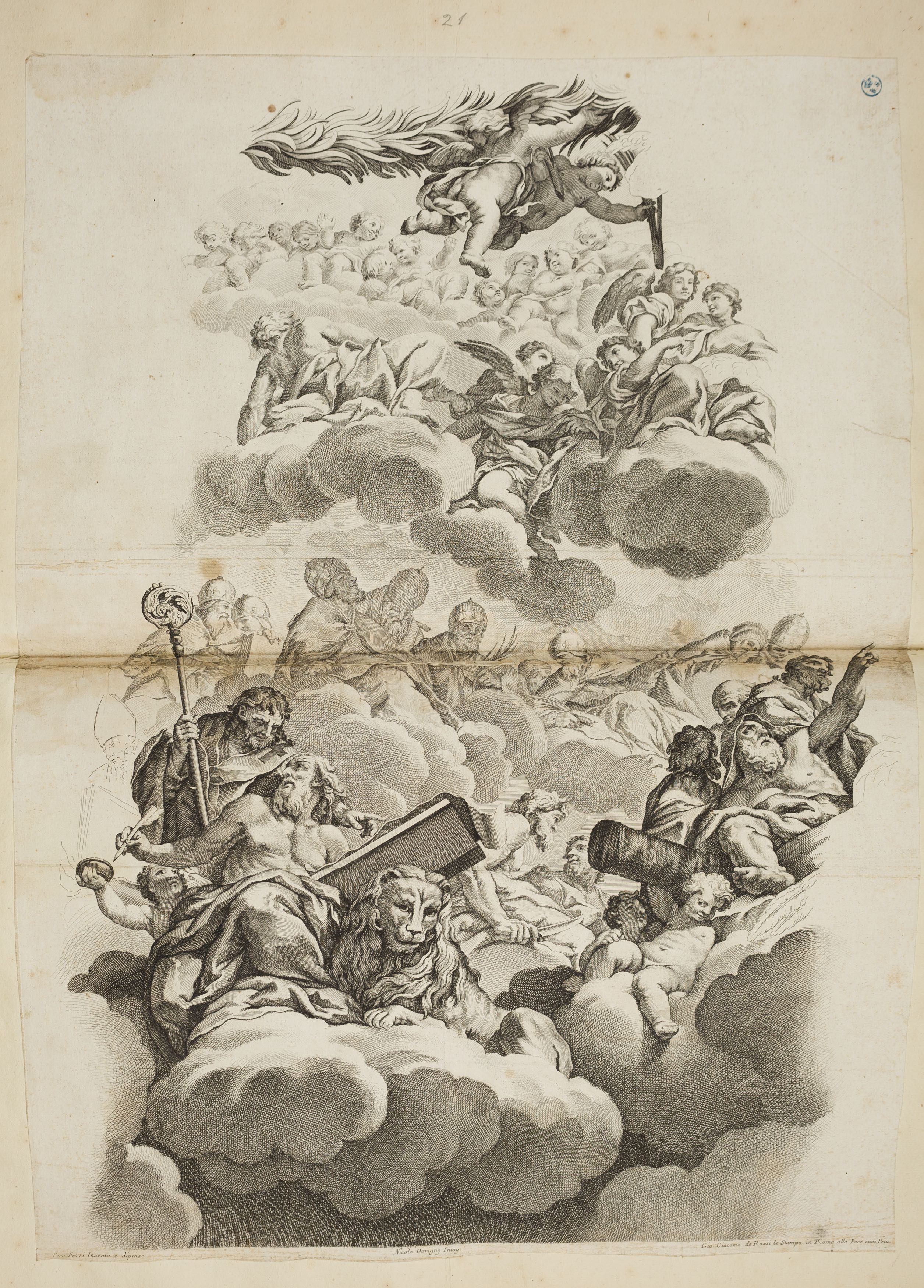 San Marco con il leone, Santi e angeli, San Marco con il leone, Santi e angeli (stampa controfondata smarginata tagliata, serie) di Ferri Ciro, Dorigny Nicolas (ultimo quarto XVII)
