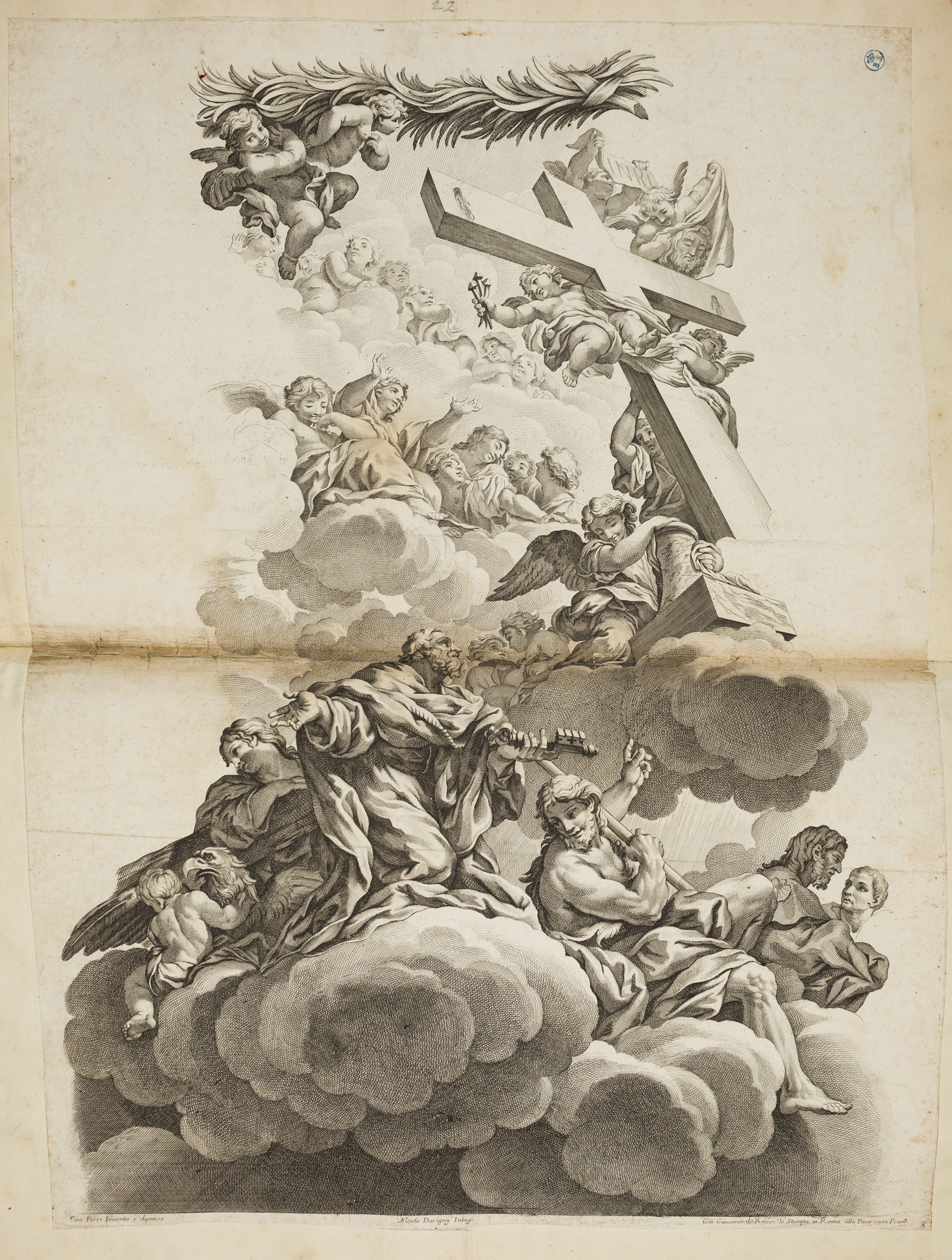 San Giovanni Evangelista, San Pietro, San Giovanni Battista, San Giacomo in gloria con angeli, San Giovanni Evangelista, San Pietro, San Giovanni Battista, San Giacomo in gloria con angeli (stampa controfondata smarginata tagliata, serie) di Ferri Ciro, Dorigny Nicolas (ultimo quarto XVII)