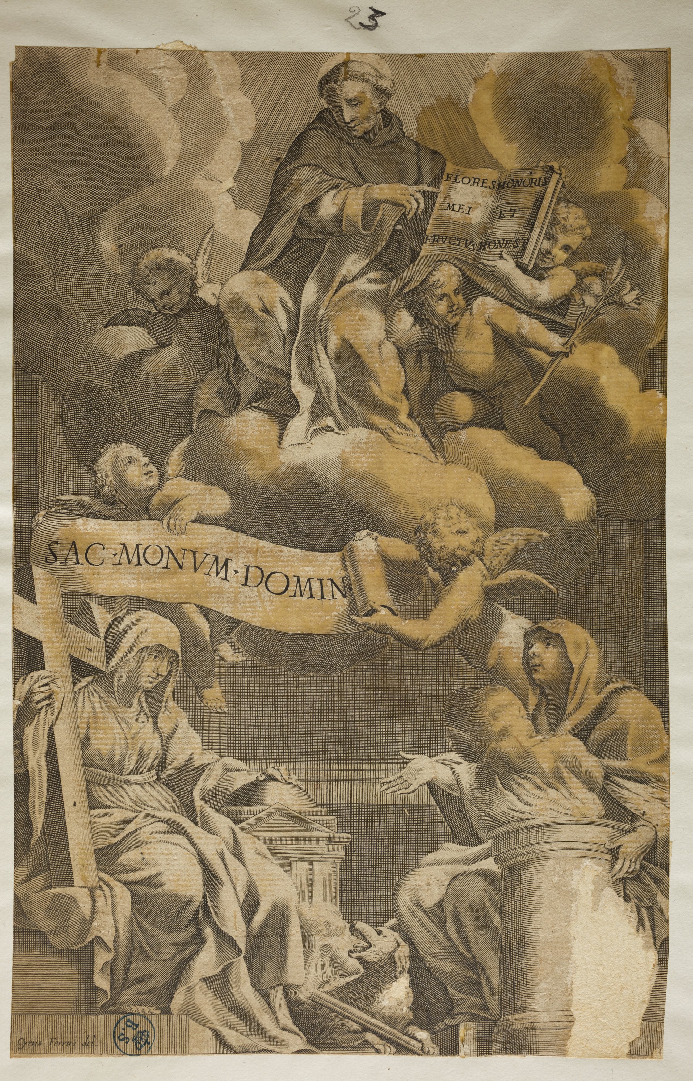 San Domenico, la Religione e la Carità, San Domenico, la Religione e la Carità (stampa controfondata smarginata tagliata) di Ferri Ciro, Ogier Mathieu (metà/ inizio XVII-XVIII)