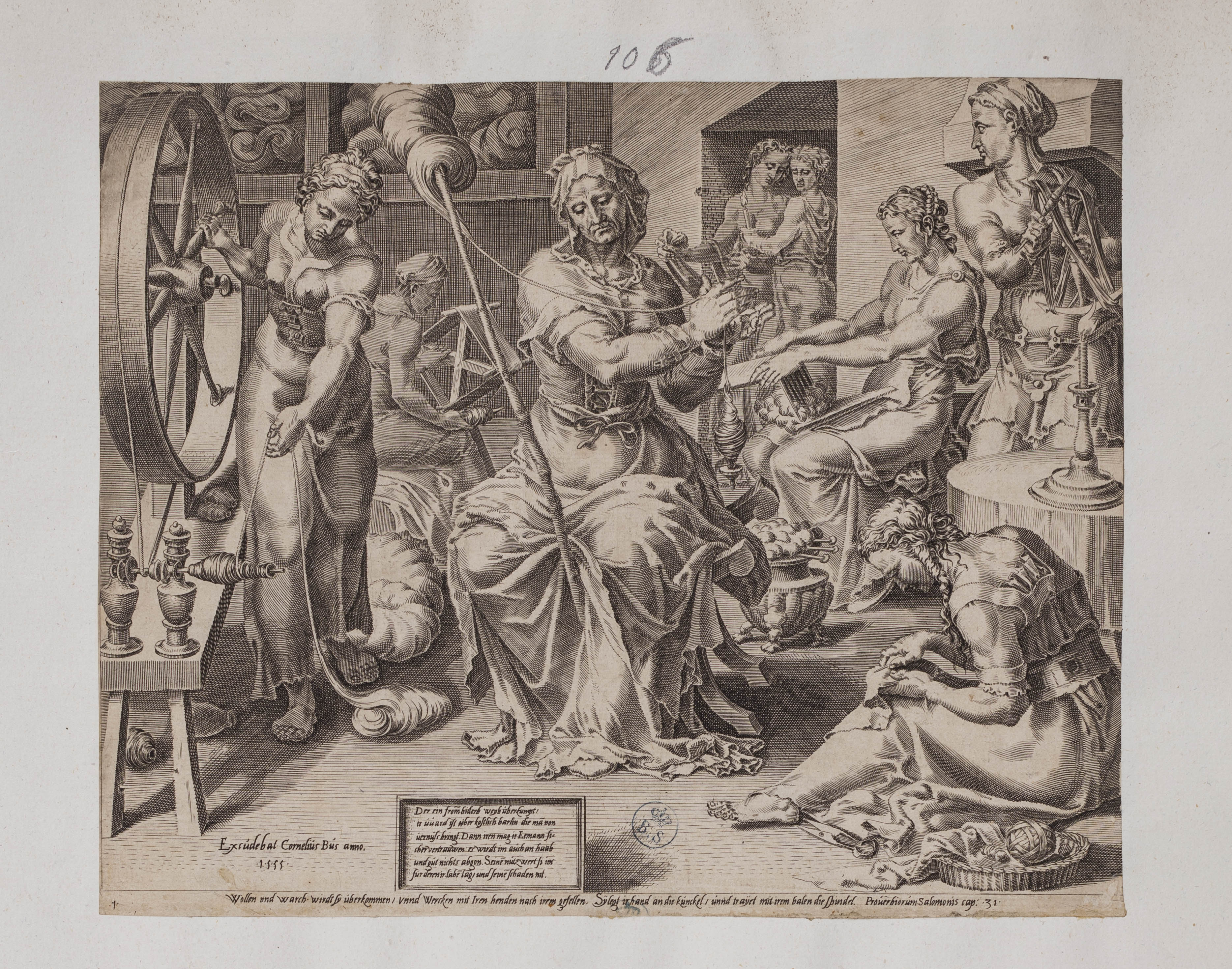 La moglie virtuosa che fila (stampa controfondata smarginata tagliata) di Heemskerck Marten van (attribuito), Coornhert Dirck (attribuito) (terzo quarto XVI)